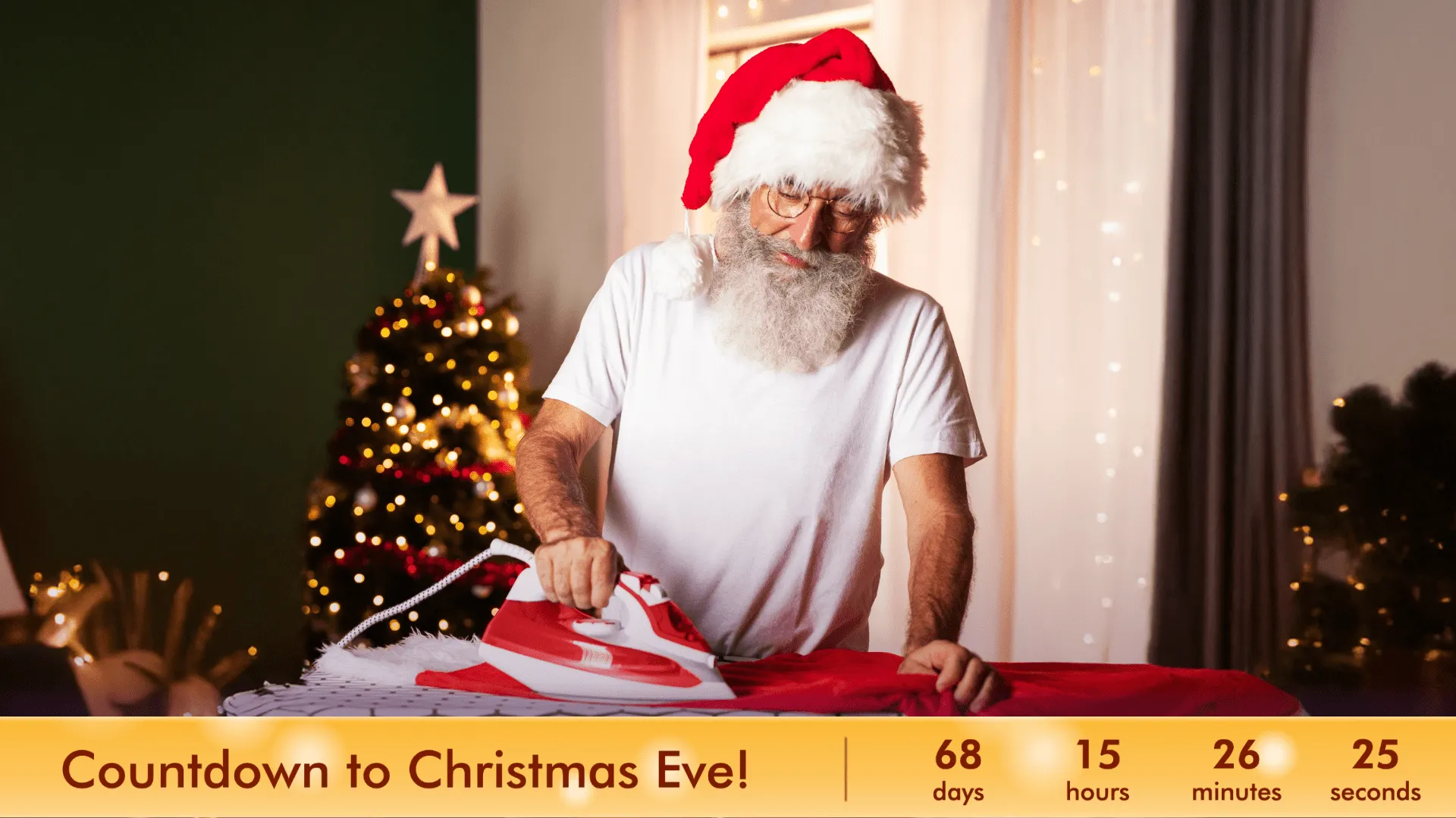 A man in a santa hat counting down to Christmas Eve with a countdown overlay