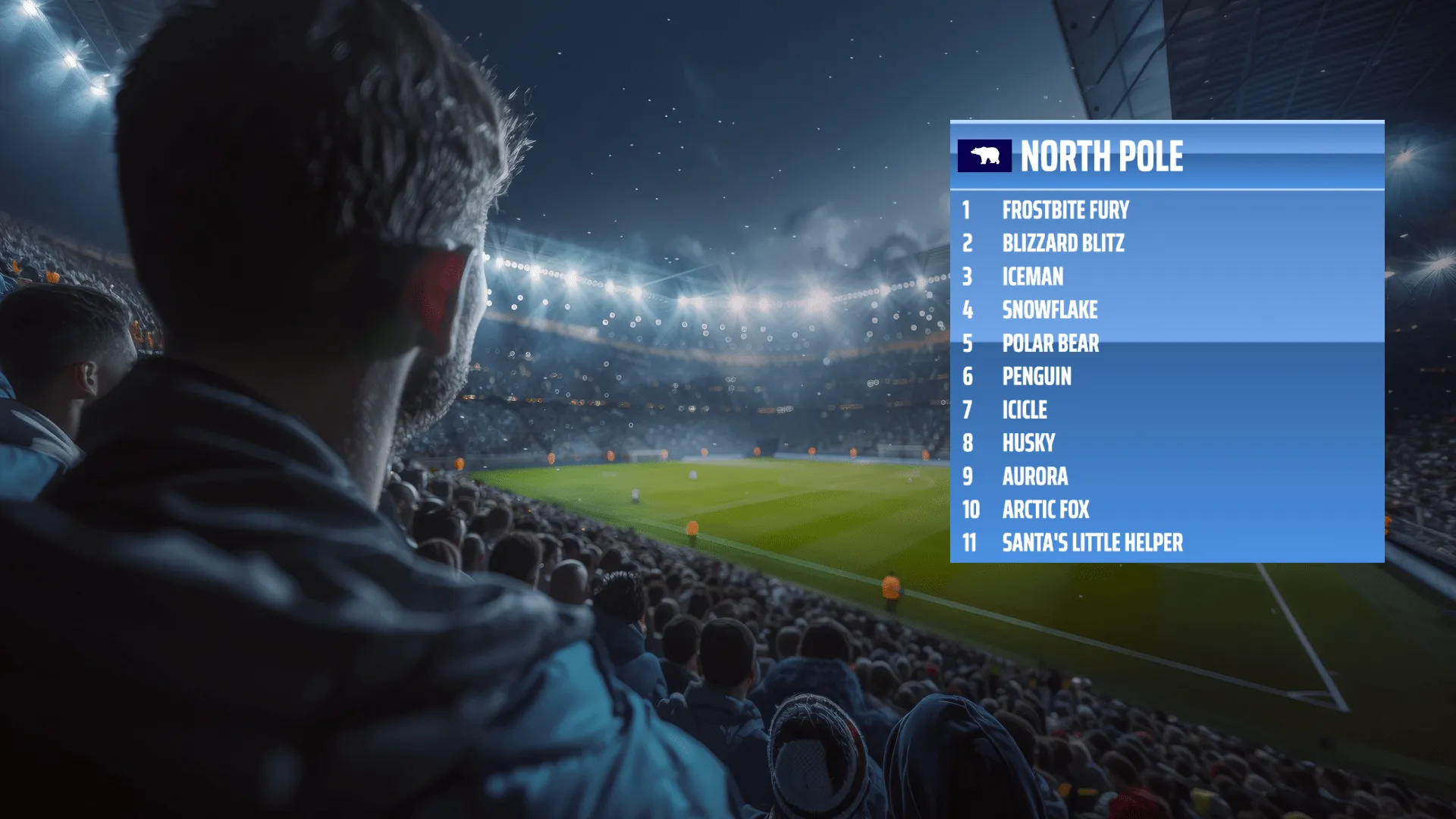 A shot over the shoulder of a soccer fan at a stadium, with a player lineup panel on the right side of the image.