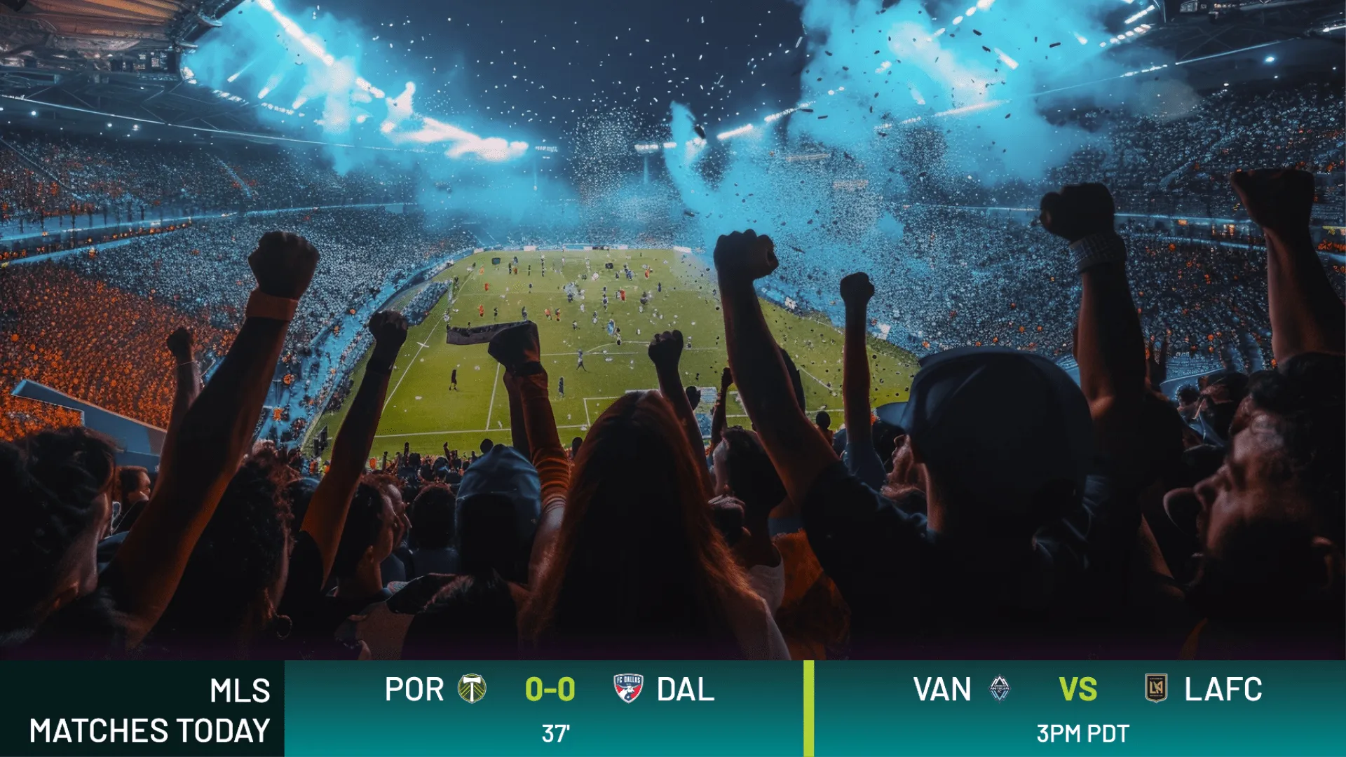 A scene of a crowd celebrating in a soccer stadium with a matchup lower third soccer overlay