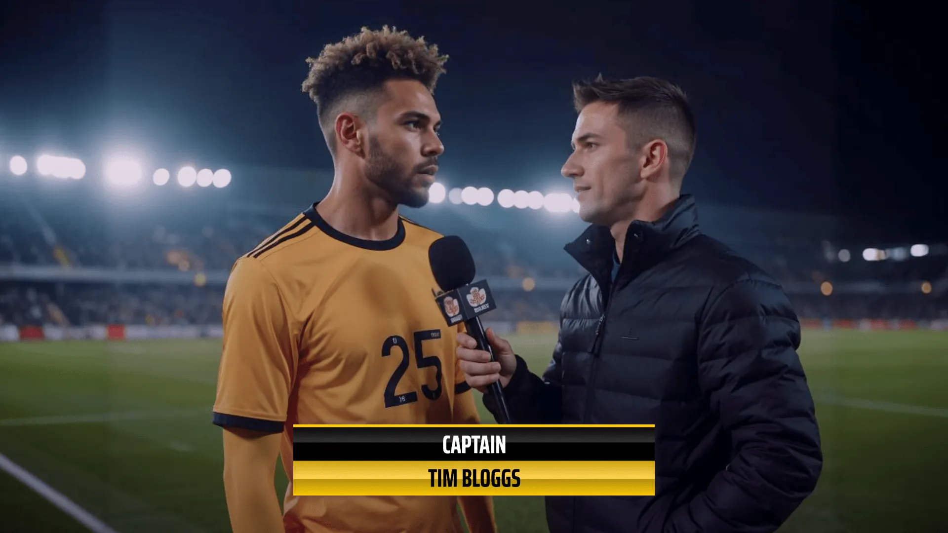 An interviewer talking to a soccer player with the Champion-themed Lower Third Overlay.