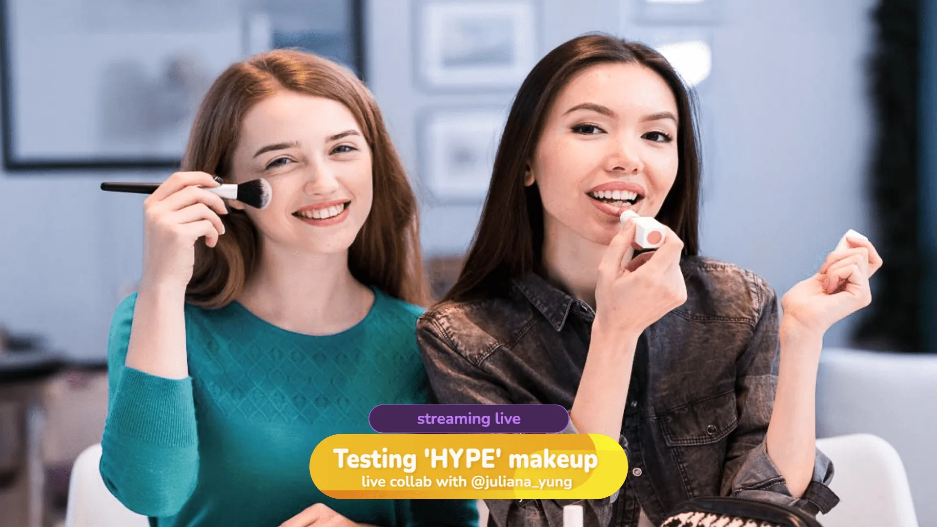 A live video streaming marketing video for makeup with a lower third overlay
