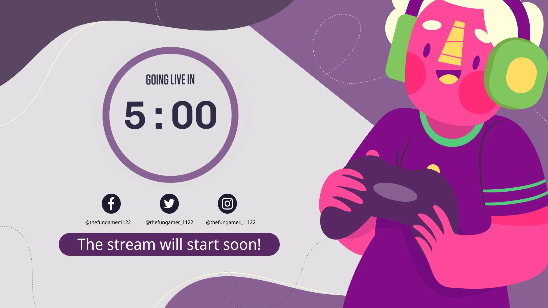 A fullscreen countdown overlay with a colorful graphic background