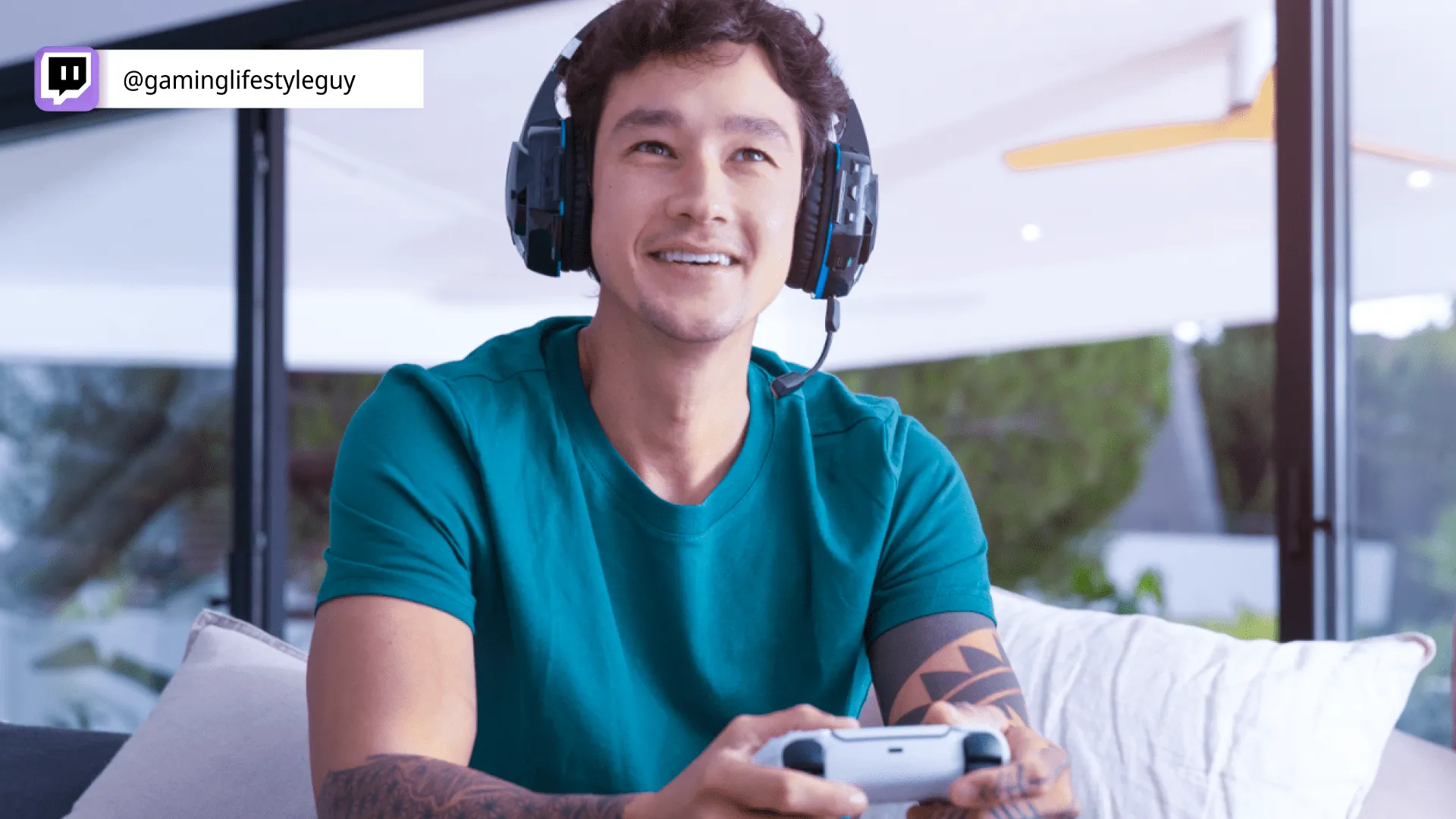 A shot of a gamer playing a video game during a live stream overlaid with a social loop bug.