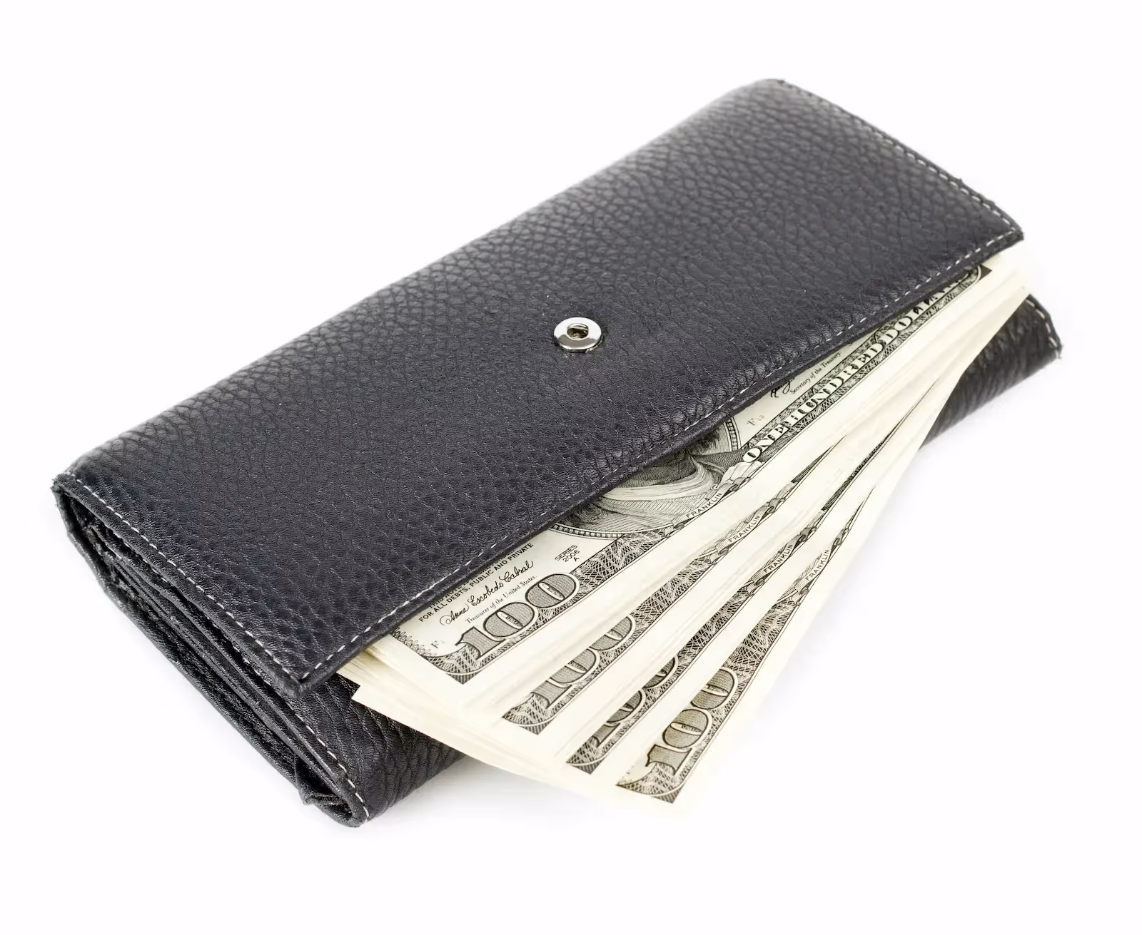 Black wallet with money sticking out of it