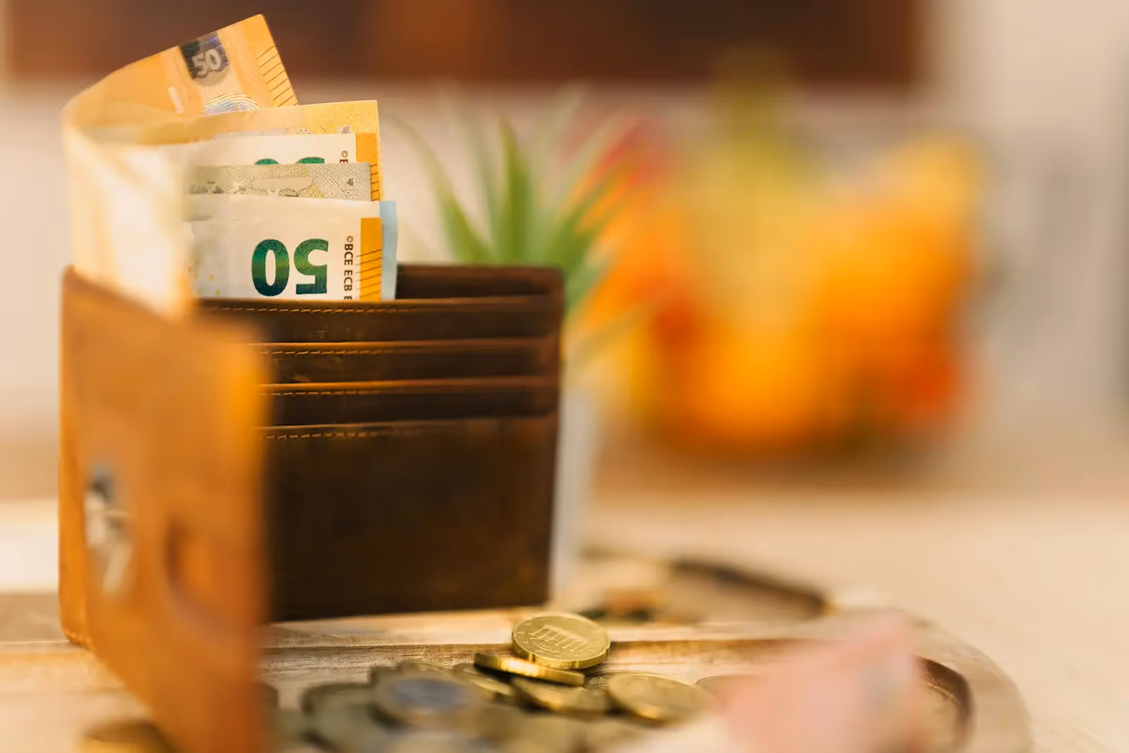 Wallet, paper bills, and coins