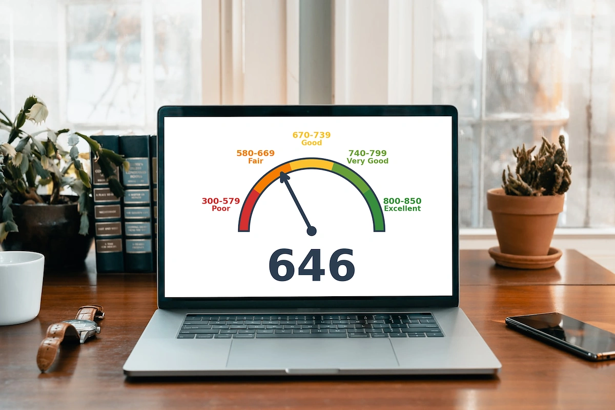 A computer showing a 646 credit score.