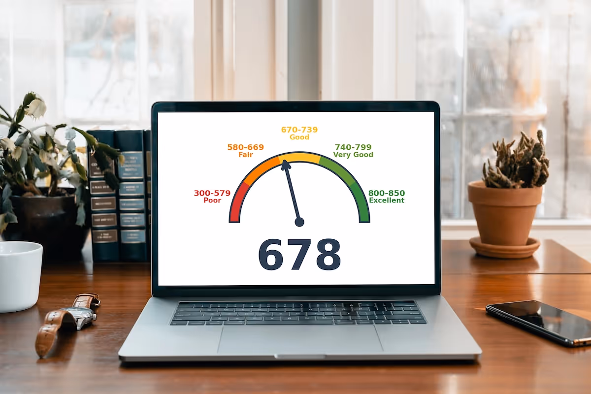 A computer showing a 678 credit score.