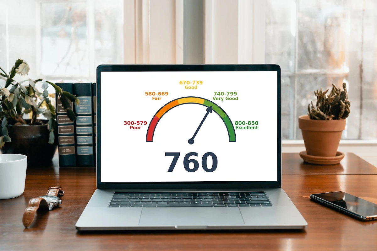 A computer showing a 760 credit score.