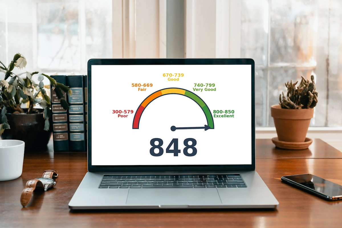 A computer showing a 848 credit score.