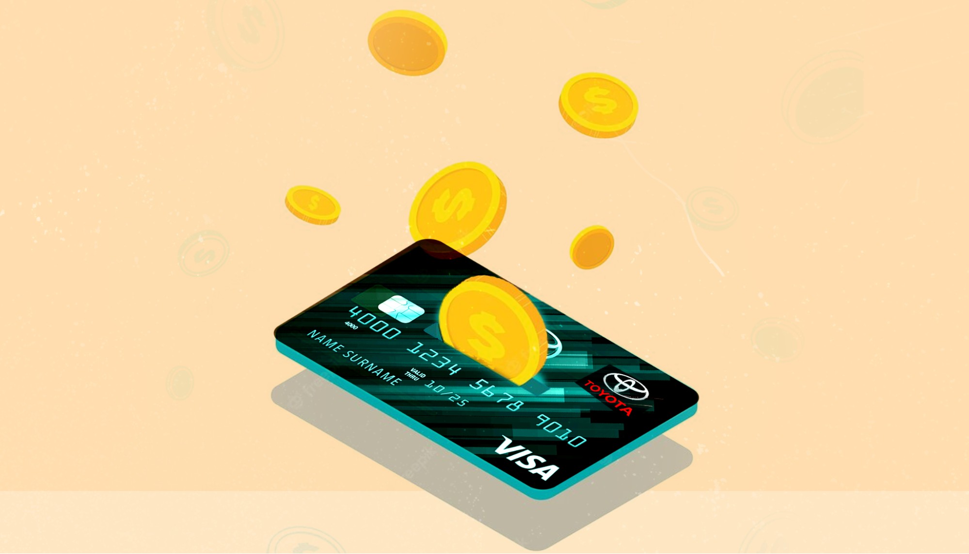 Illustration of credit card with coins coming out of it