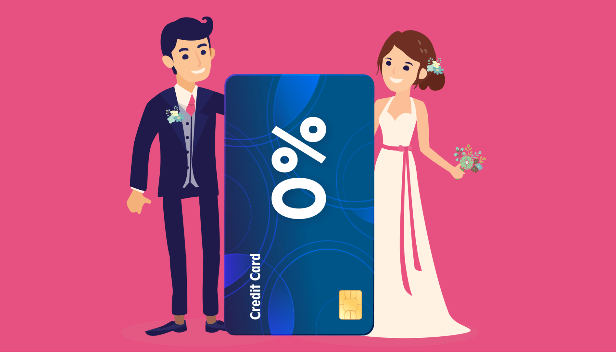 Illustration of bride and groom holding card that says 0%