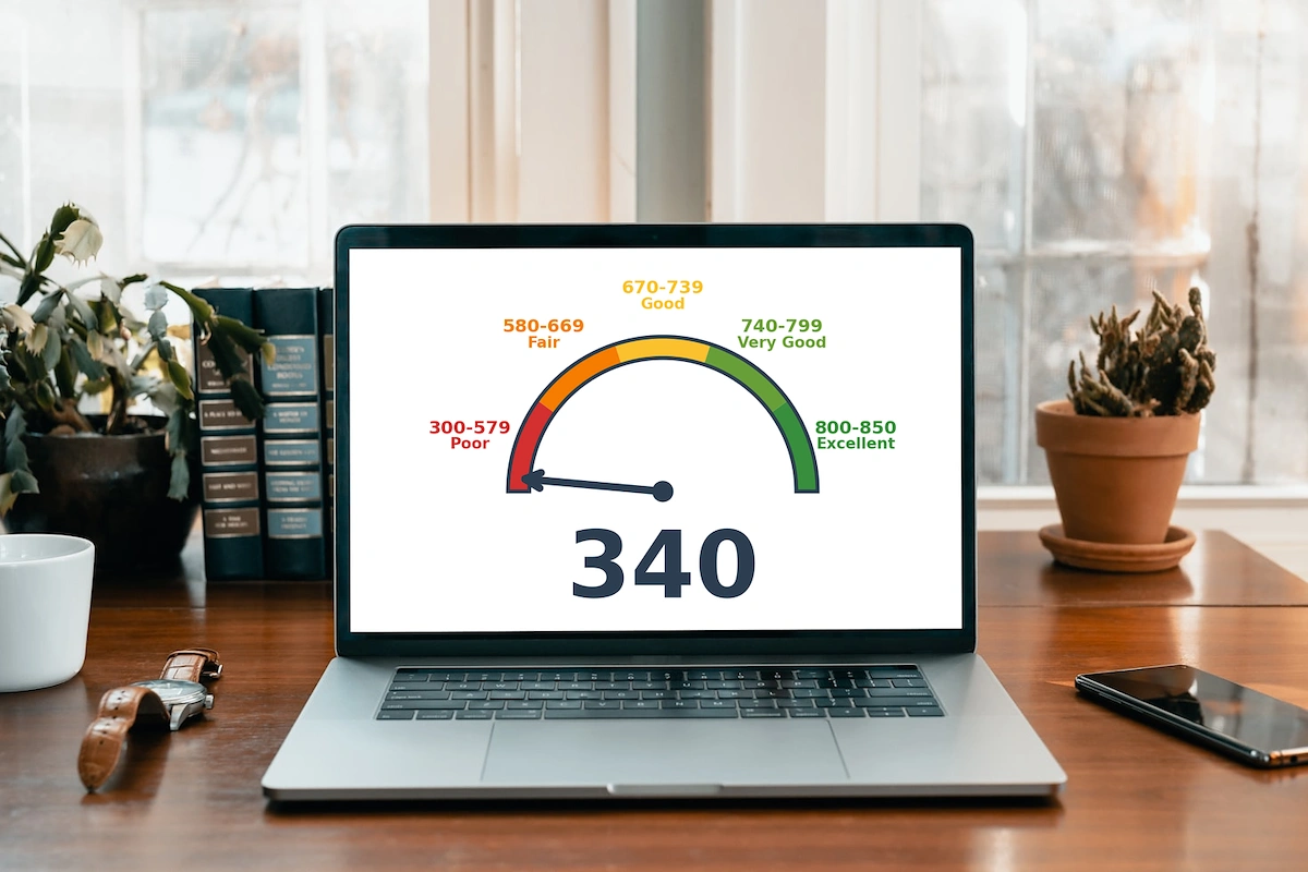 A computer showing a 340 credit score.