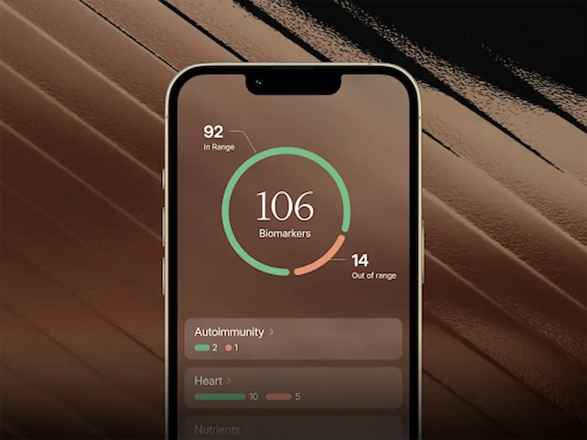 Function Health app displaying 106 biomarker results on iPhone, redeemable with Chase Sapphire Reserve for 50% back in 2026