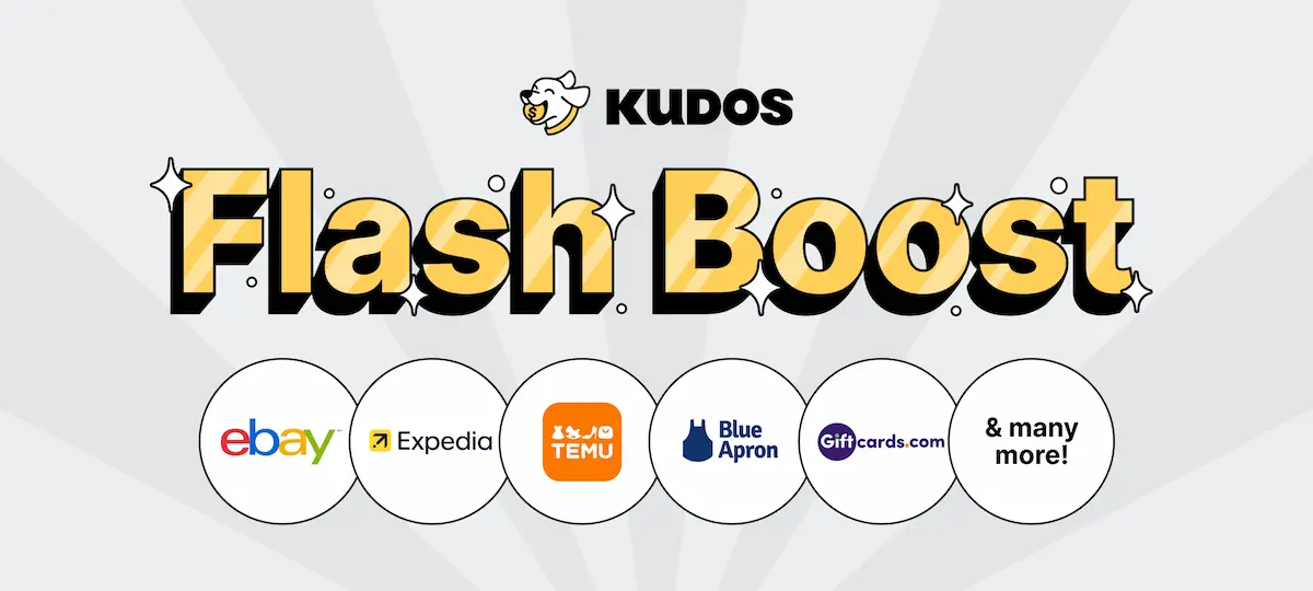 Illustrated graphic showing elevated April 2026 cashback rates from Kudos Boost at top merchants including Blue Apron, Temu, StubHub, Expedia, and Hotels.com, stacked on top of credit card rewards.