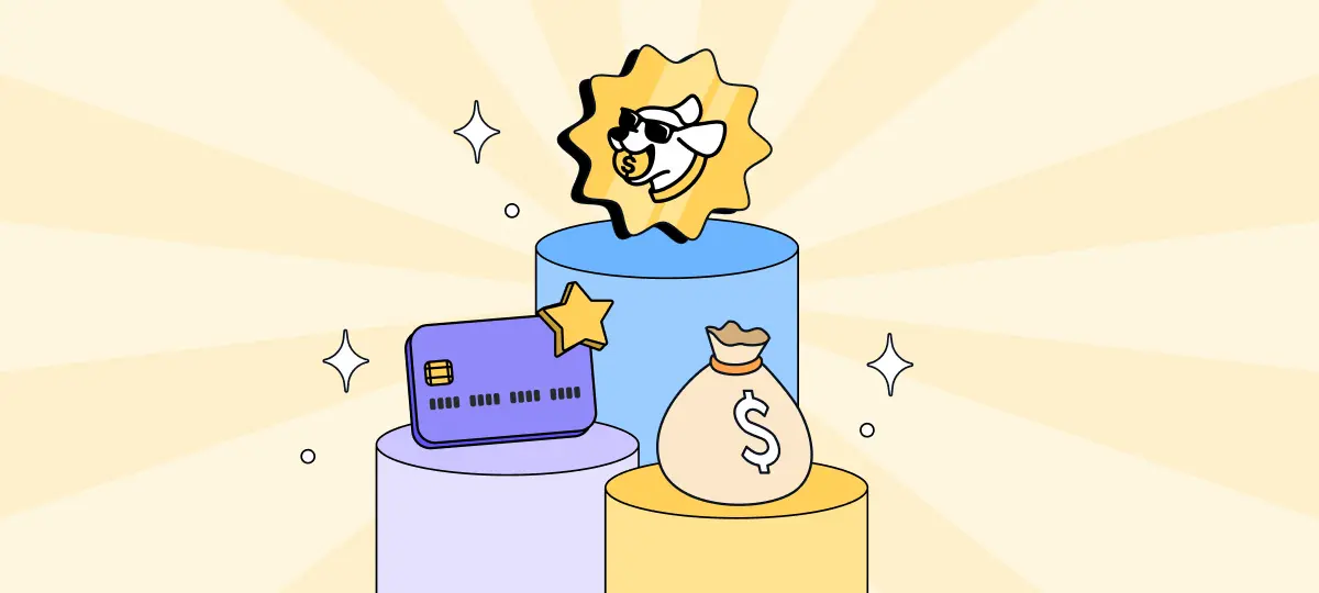 Illustration of a credit card, money bag, and Kudos mascot on pedestals, representing Kudos Premium rewards