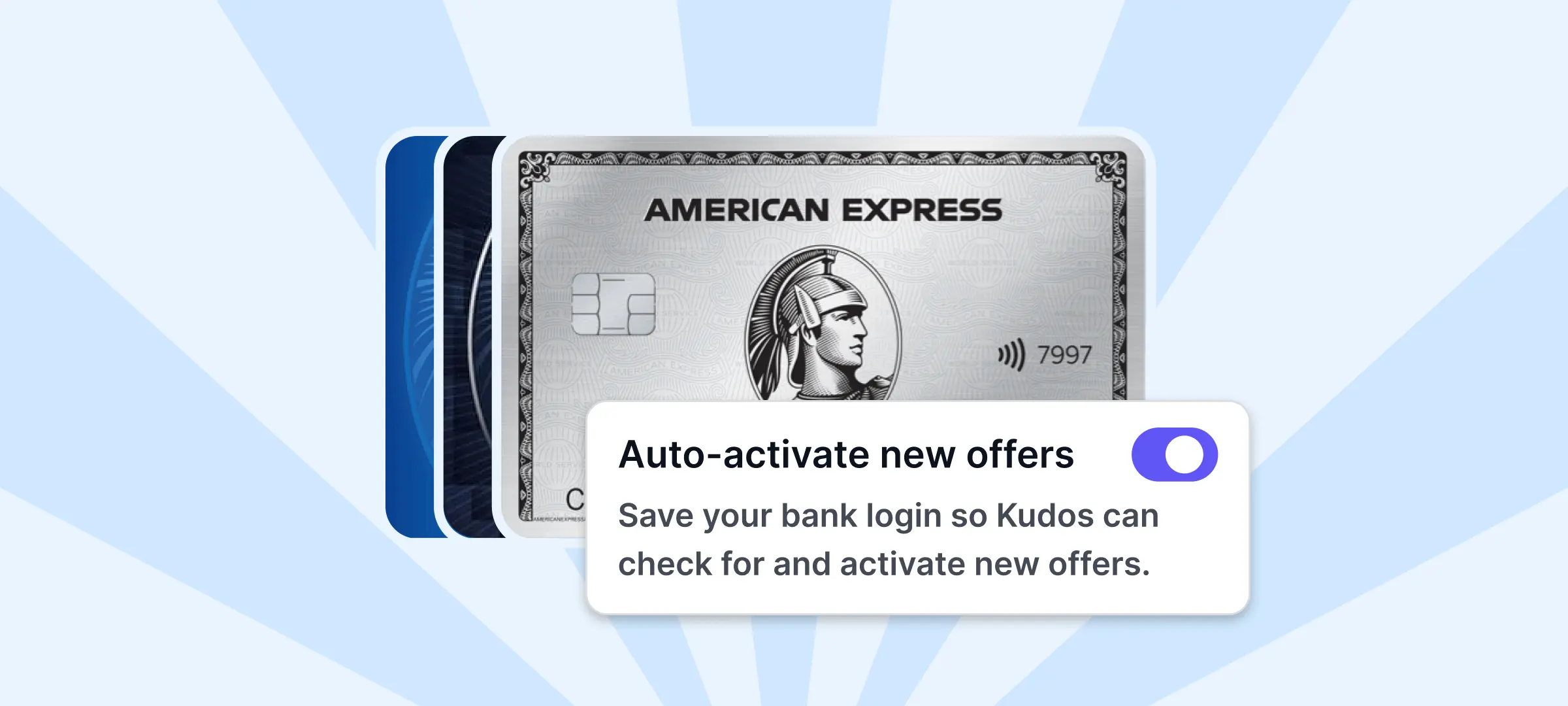 American Express card with a toggle switch UI reading "Auto-activate new offers" and a description about saving your bank login