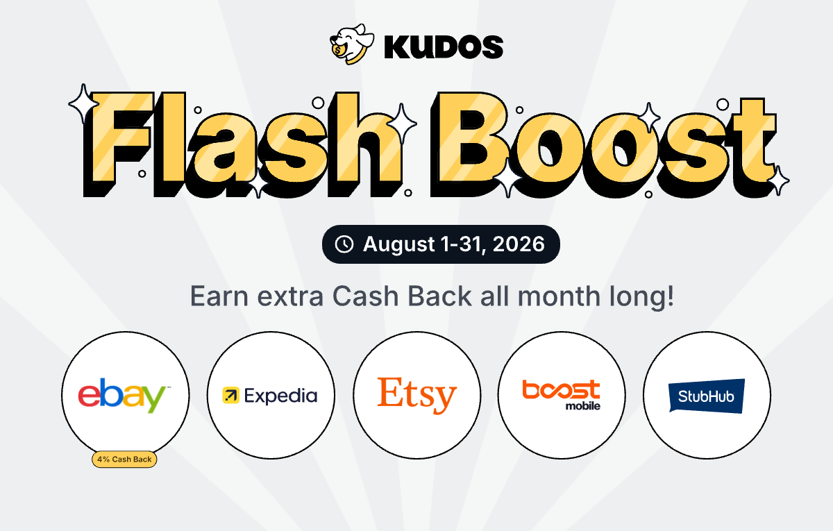 Kudos Flash Boost banner for August 2026 featuring eBay, Expedia, Boost Mobile, Etsy, and StubHub logos