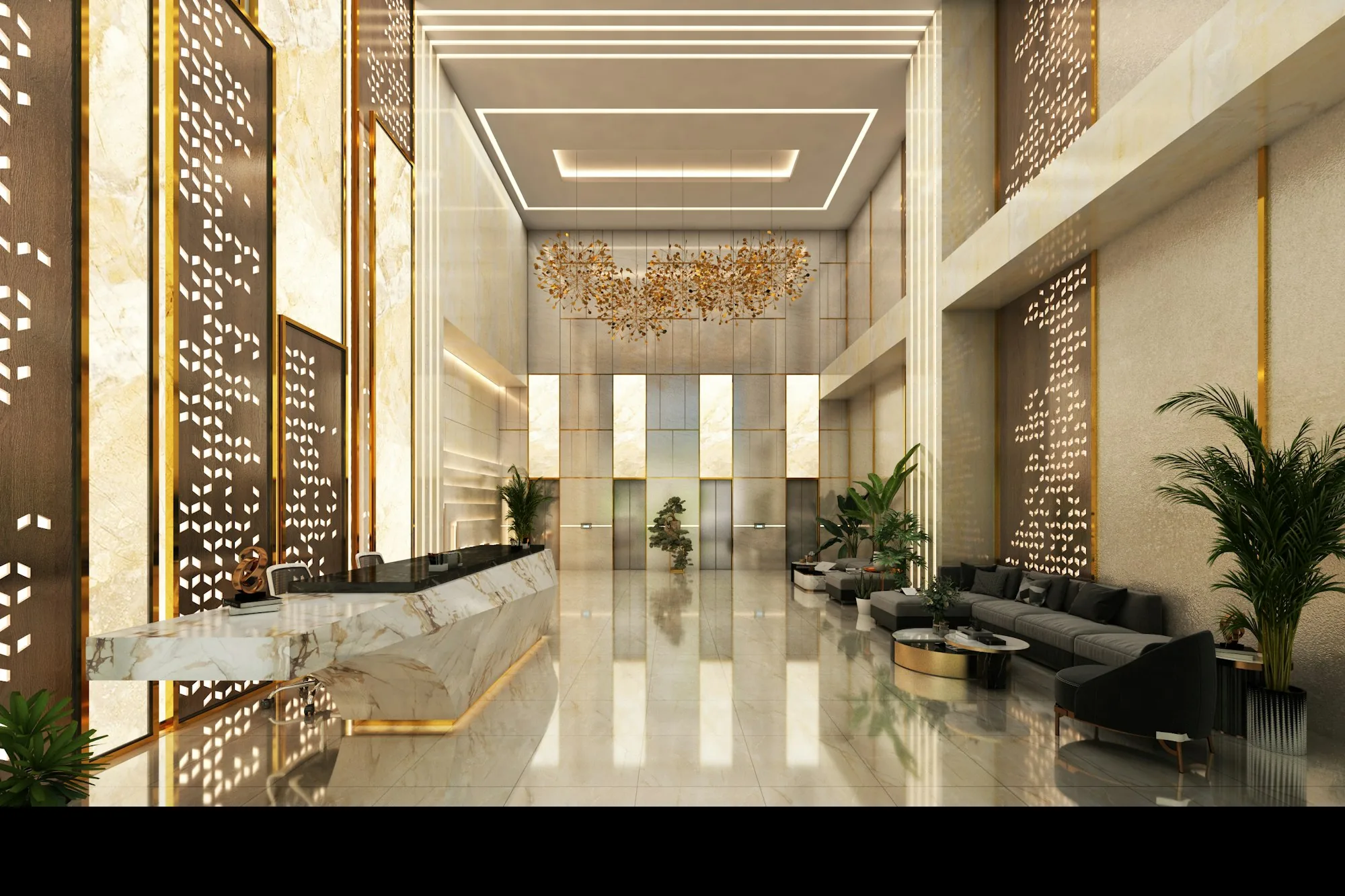 Modern hotel lobby with seating and warm lighting