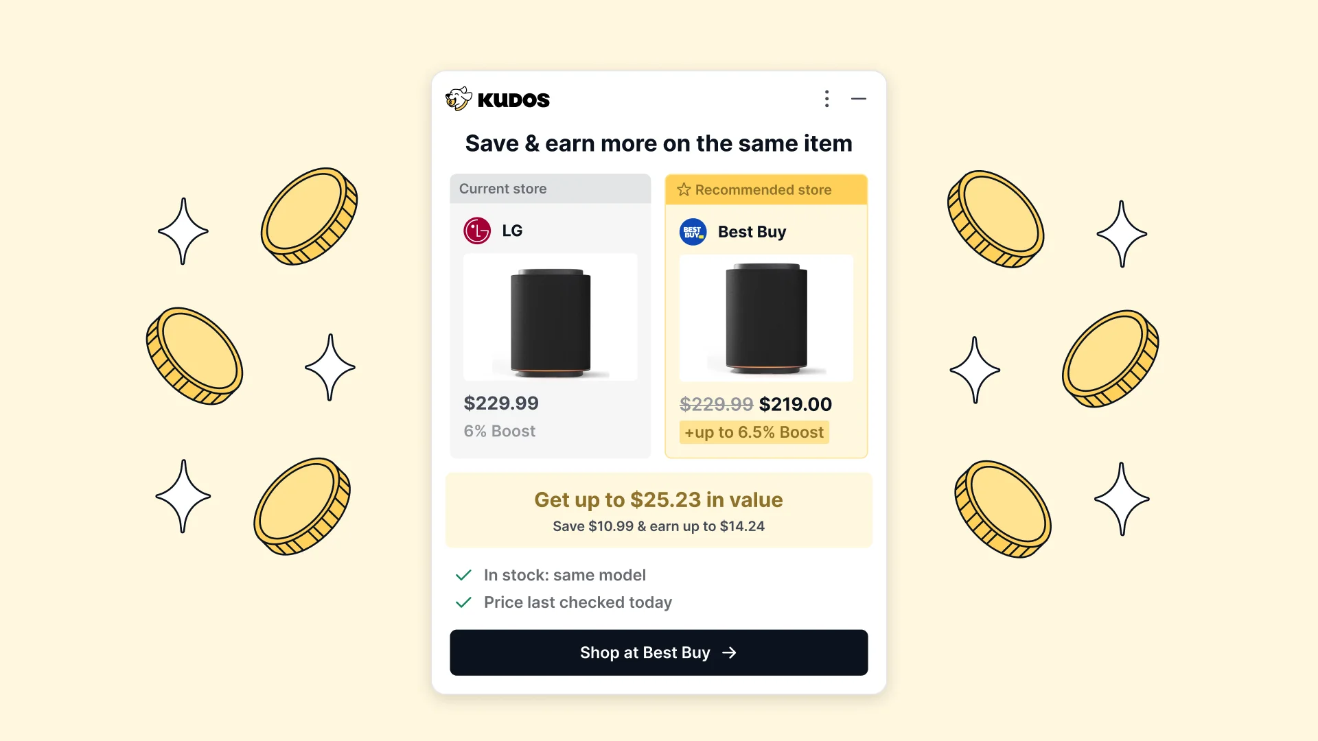 Kudos prompt showing the same speaker at LG for $229.99 with 6% Boost and at Best Buy for $219.00 with up to 6.5% Boost, with a Shop at Best Buy button