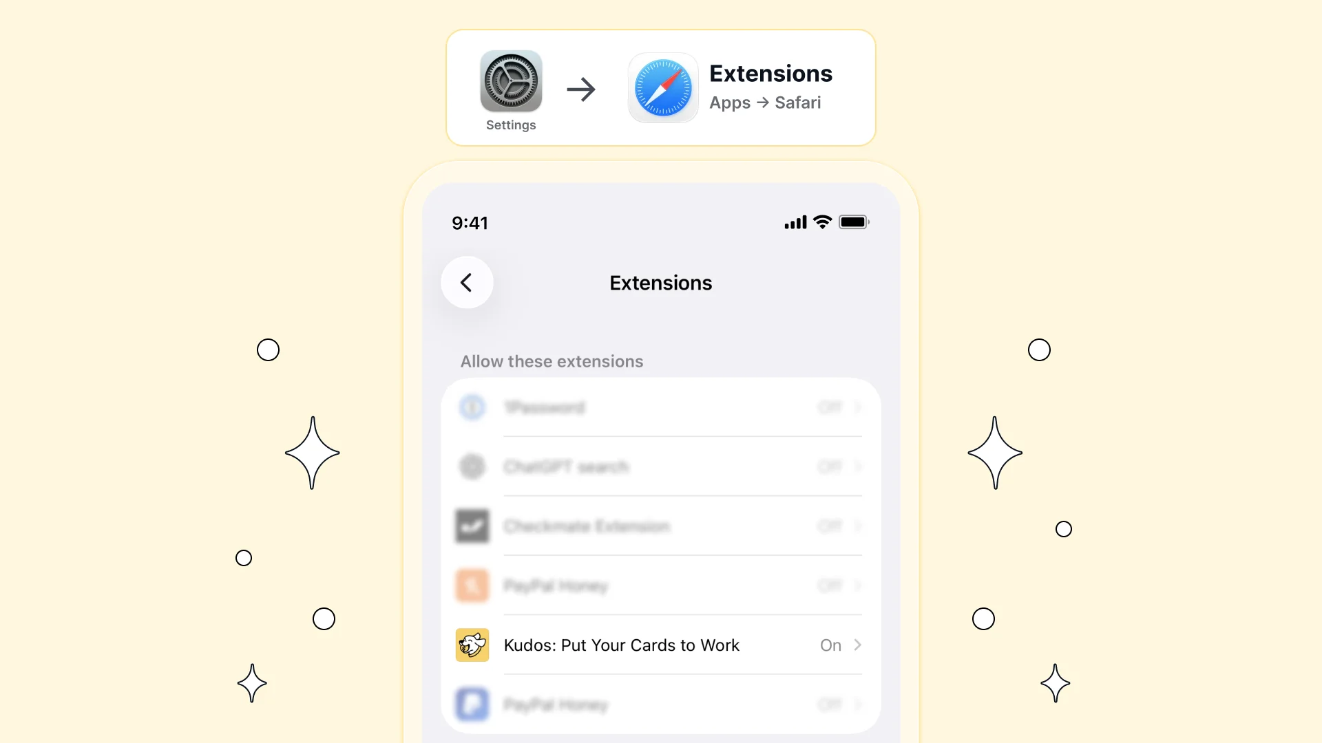 iPhone Safari Extensions settings screen with the Kudos extension turned on