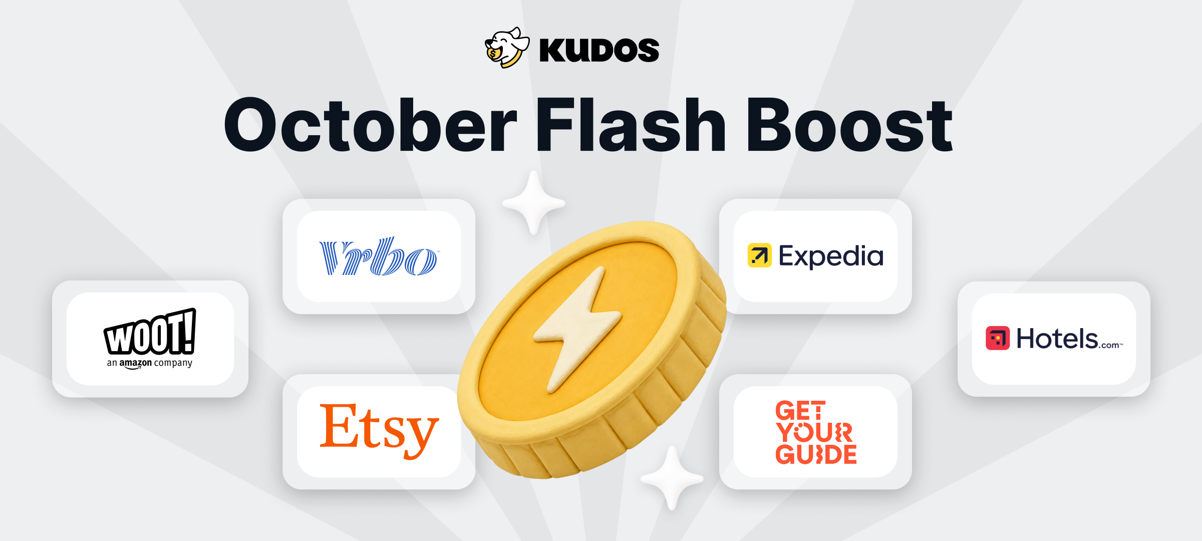Kudos October Flash Boost graphic with Vrbo, Expedia, Woot!, Etsy, GetYourGuide and Hotels.com logos around a gold coin