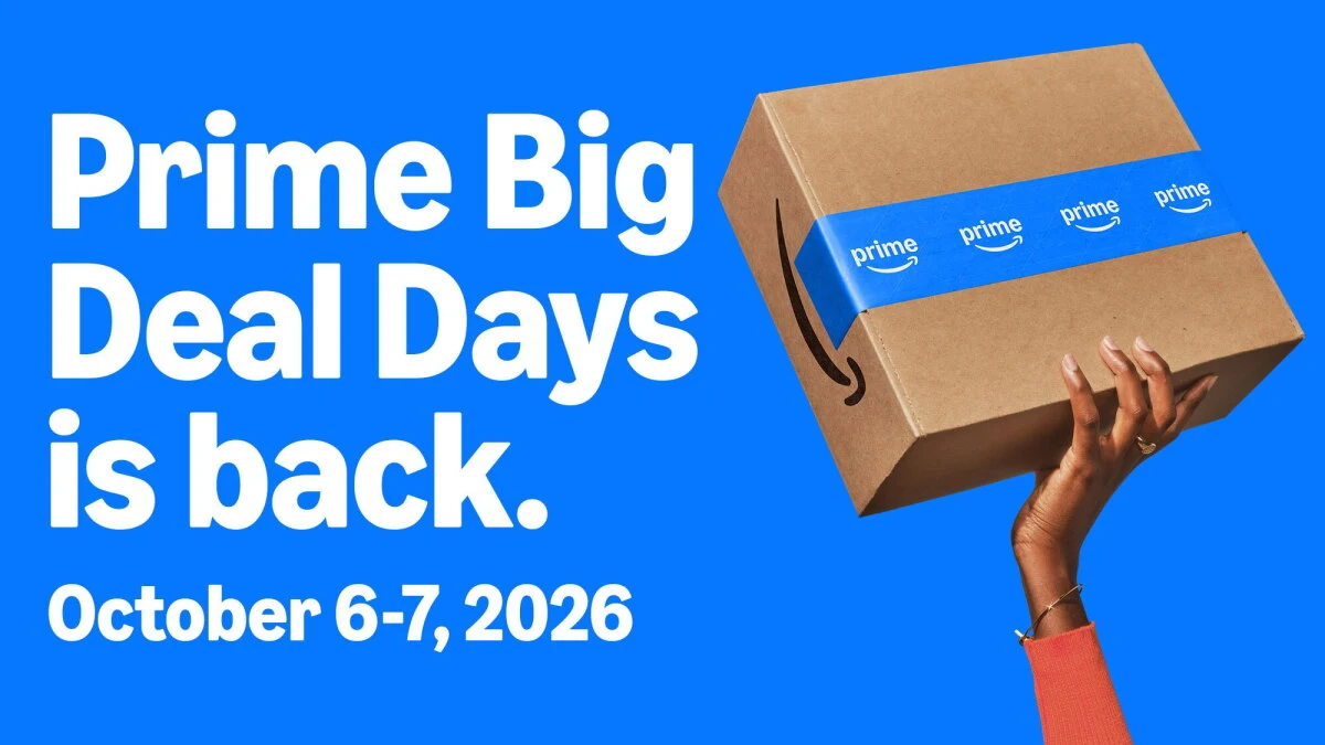 Prime Big Deal Days is back, October 6-7, 2026, with a hand holding an Amazon Prime box on a blue background