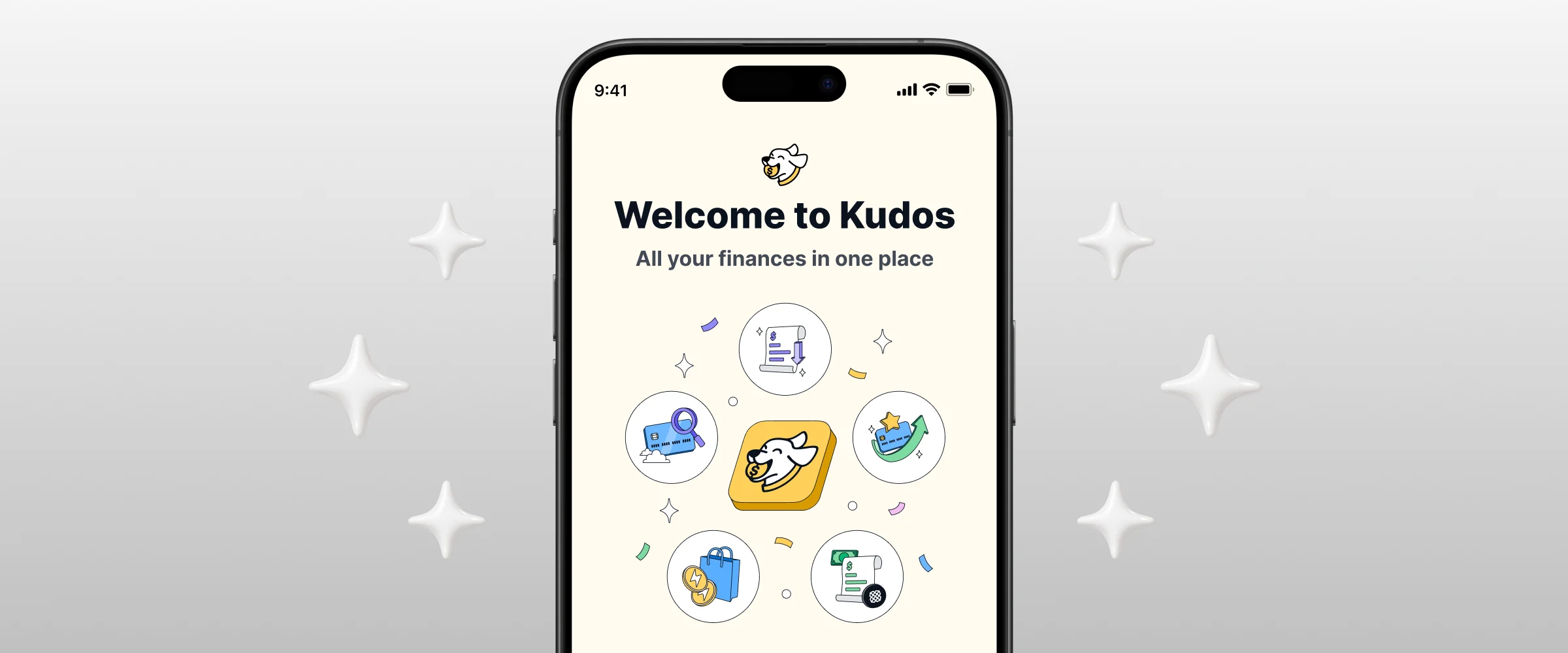 The Kudos app welcome screen on a phone, surrounded by sparkle icons