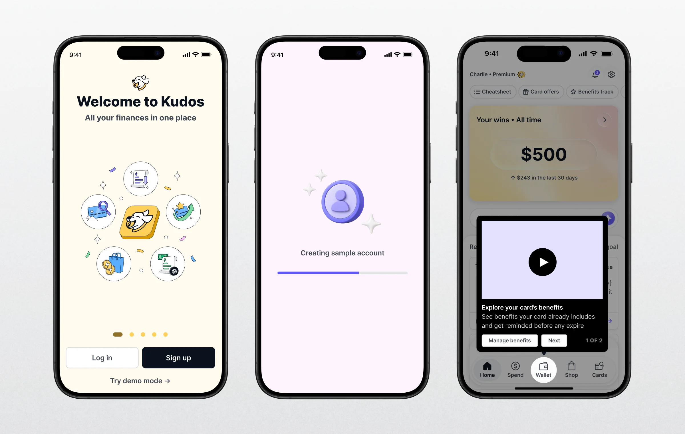 Three phone screens showing the Try demo mode link on the Kudos welcome screen, the sample account loading, and the demo Home Feed with Premium turned on