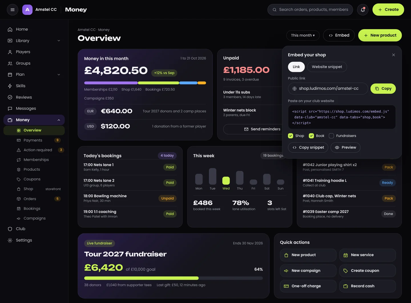 Ludimos web app showing club payments and memberships
