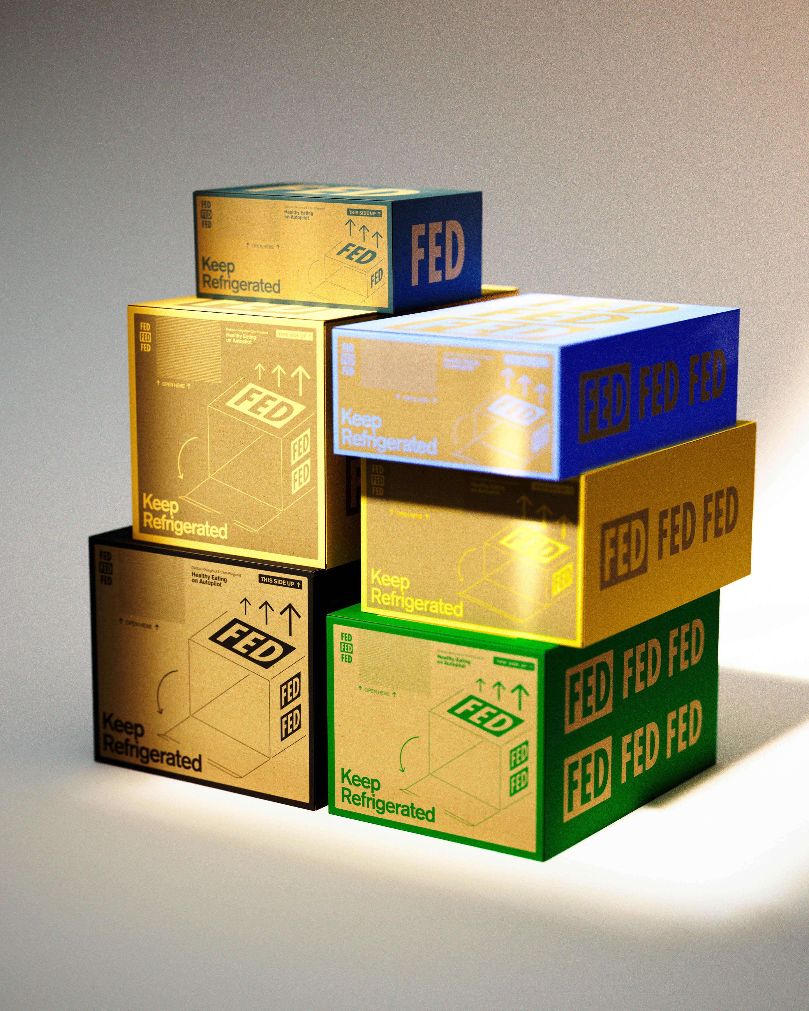 The image features a dynamic stack of cardboard boxes with the branding 'FED'. The largest text, "FED", dominates the visible side of the top boxes in bold, reflective gold on a blue background, while the others showcase a similar design in different hues such as gray and green. Each box also includes instructional icons and text such as "Keep Refrigerated" to indicate handling instructions. The lighting casts soft shadows and highlights the metallic sheen of the print, emphasizing the premium quality of the packaging design.