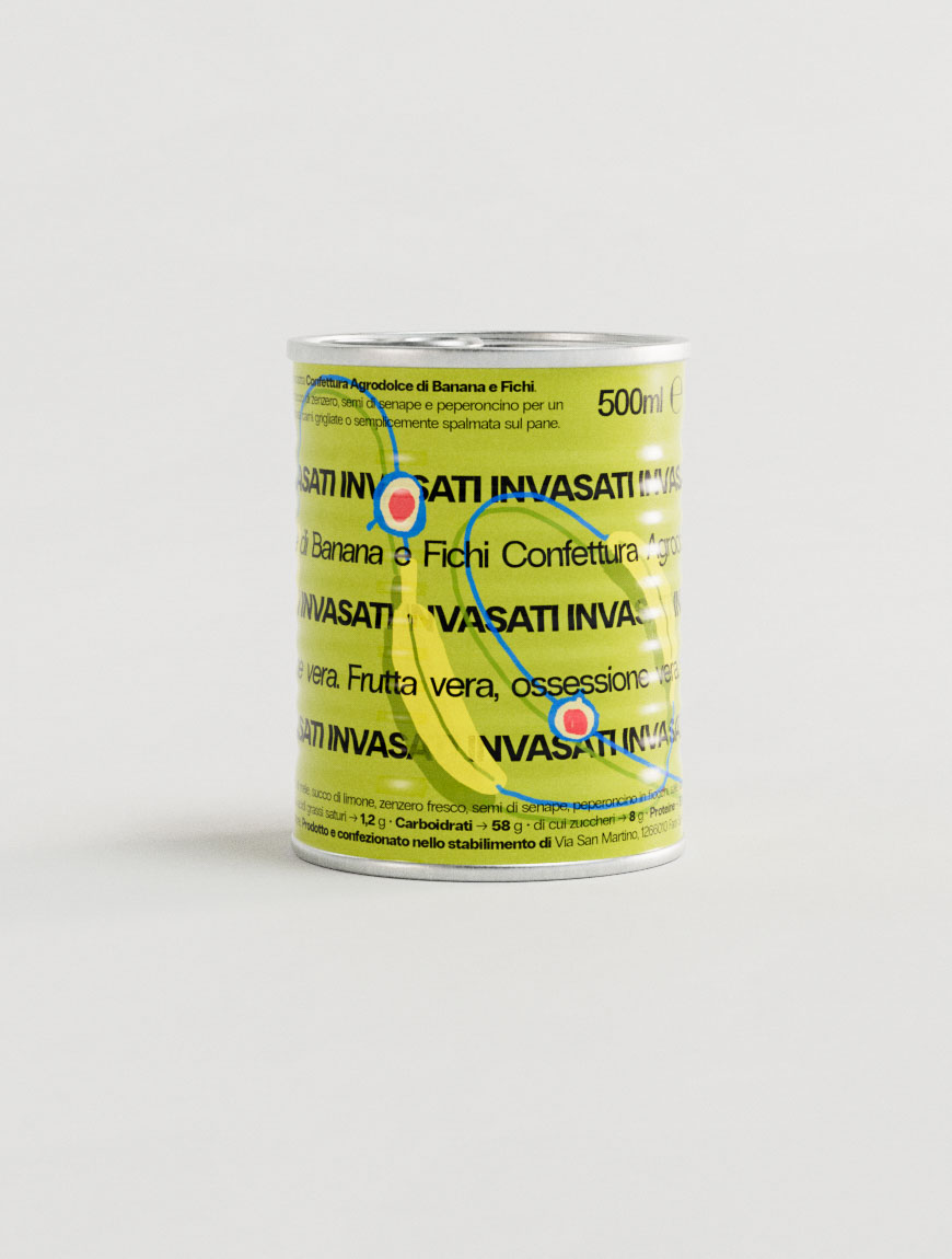 The packaging design of a cylindrical jar stands out with its bold and playful execution. The bright lime green background forms the base for repeated black typography spelling “INVASATI,” while a hand-drawn style banana graphic outlined in bright blue injects character and humor. Small red circular accents add a pop of contrast, guiding the eye across the label. The design feels experimental and artistic, embodying the work of a packaging design agency that values originality, bold creative direction, and the integration of illustration with typography in contemporary branding projects.