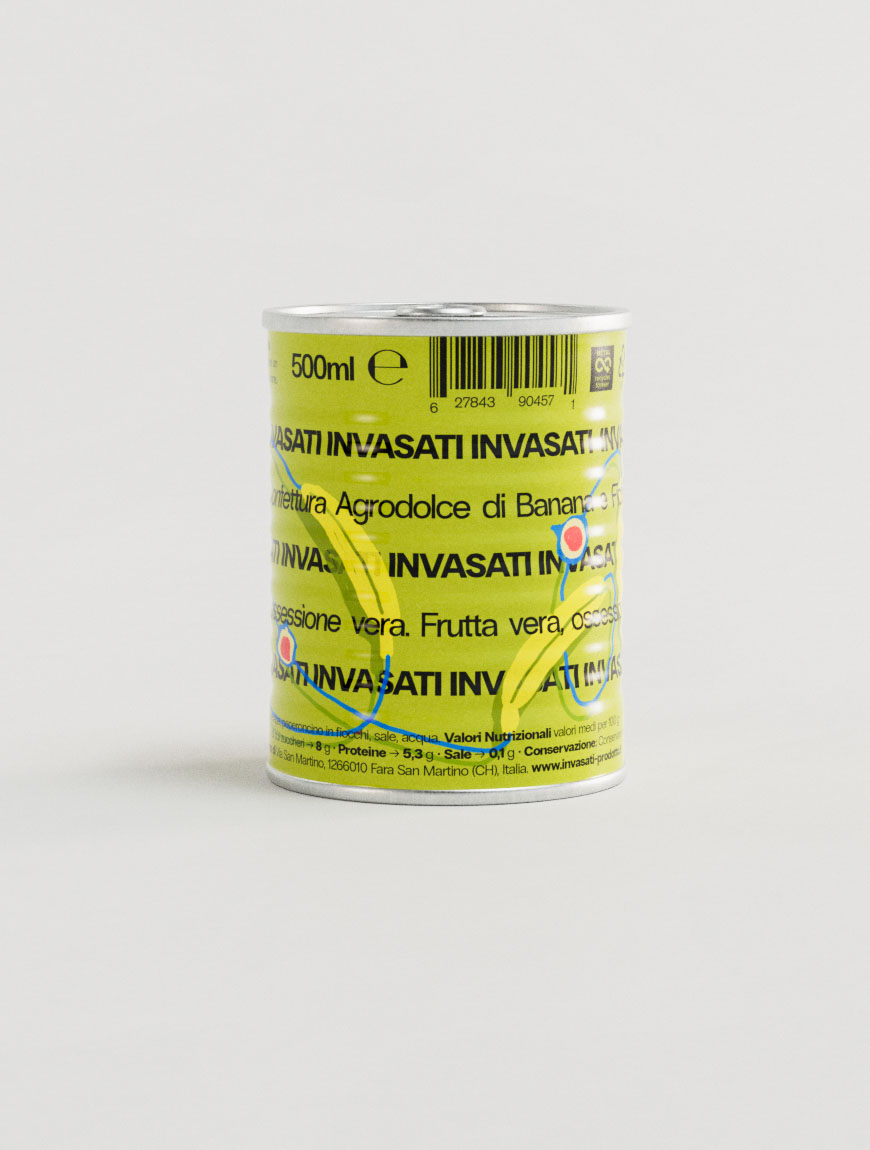 The image presents a food packaging jar wrapped in a vivid lime green label with bold visual elements. Large black type, spelling “INVASATI” repeatedly, creates a strong typographic grid, while a dynamic illustration of a banana outlined in electric blue cuts across the background. The use of color contrast—black, lime, blue, and red—adds intensity and visual punch. This design leverages graphic design and art direction principles to establish an identity that feels loud, energetic, and confident, representing the kind of branding studio work that transforms everyday food packaging into a statement piece on the shelf.