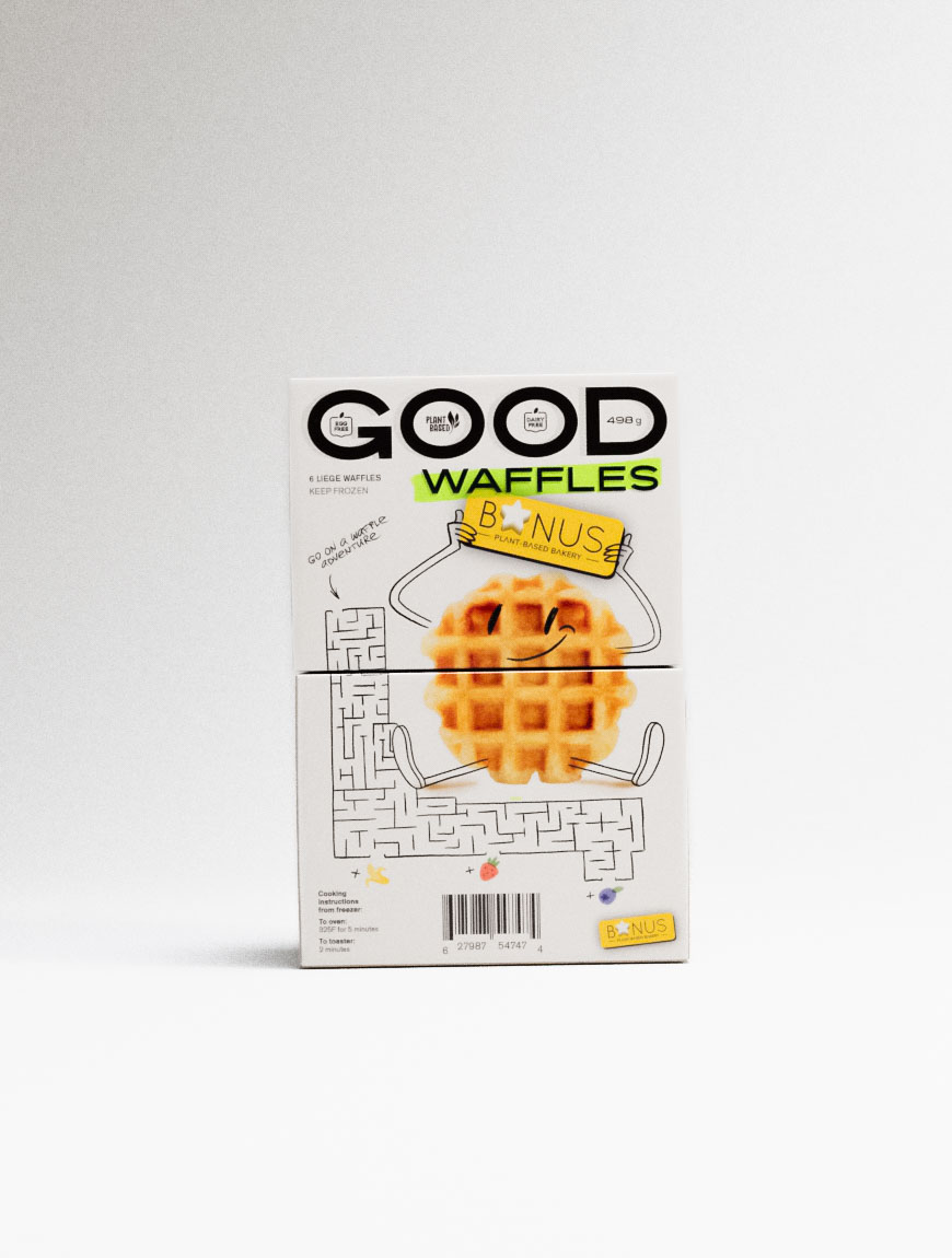 A frozen waffle box designed with character and playfulness, photographed against a light gradient background. The packaging features a bold typographic logo "GOOD WAFFLES" with a highlighter green “WAFFLES” subtitle and a smiling waffle holding a sign that reads “BONUS Plant-Based Bakery.” The lower half of the box includes a maze illustration and whimsical hand-drawn elements, inviting consumer interaction. The packaging balances modern graphic design with a lighthearted tone, characteristic of a packaging design studio that merges identity design, storytelling, and lifestyle branding in the frozen food category.