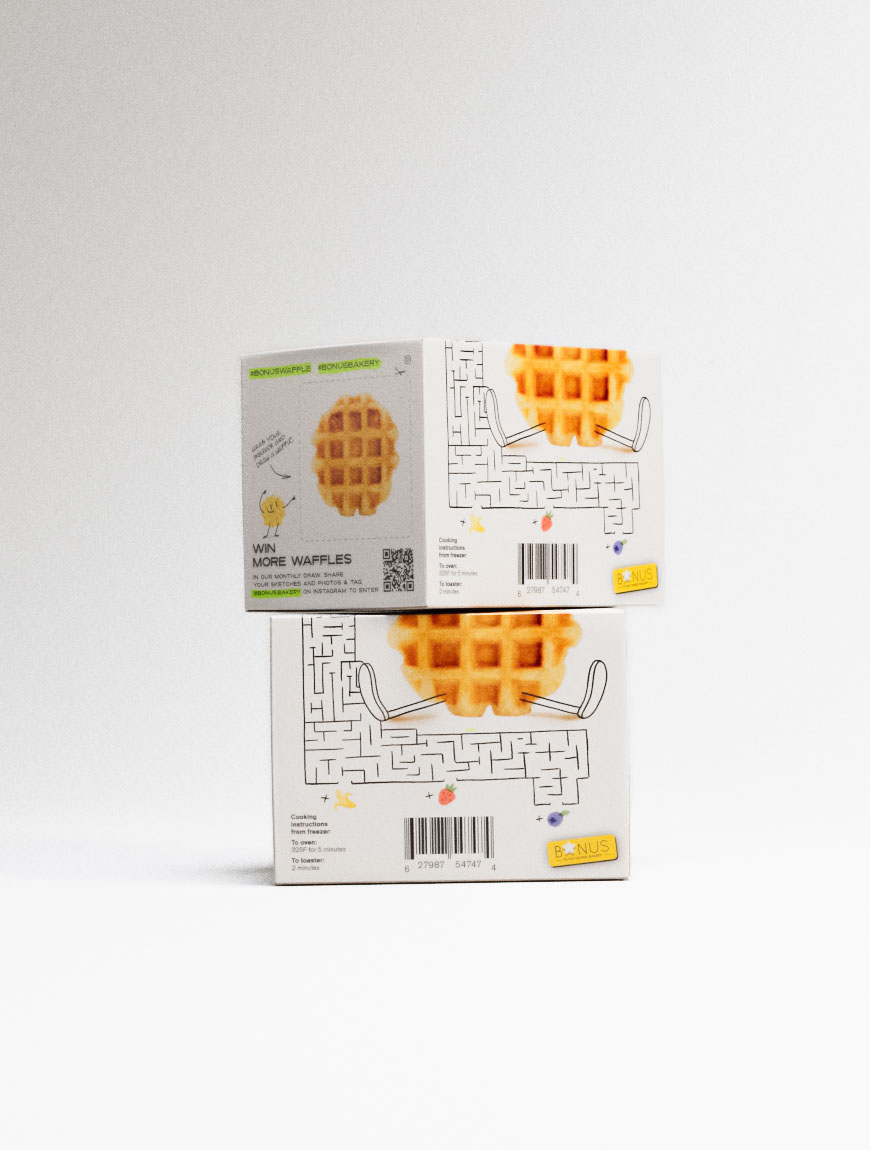 The image shows a frozen waffle box rotated to display the brand’s interactive call to action. A waffle-shaped character and maze game continue across panels, encouraging users to “WIN MORE WAFFLES” via social media tags and QR code scanning. The packaging features hashtags, minimal product photography, and a hand-drawn style for character illustrations. Designed with a sense of participation and delight, this packaging reflects creative direction aimed at blending brand identity with user-generated content and campaign-led design strategy.