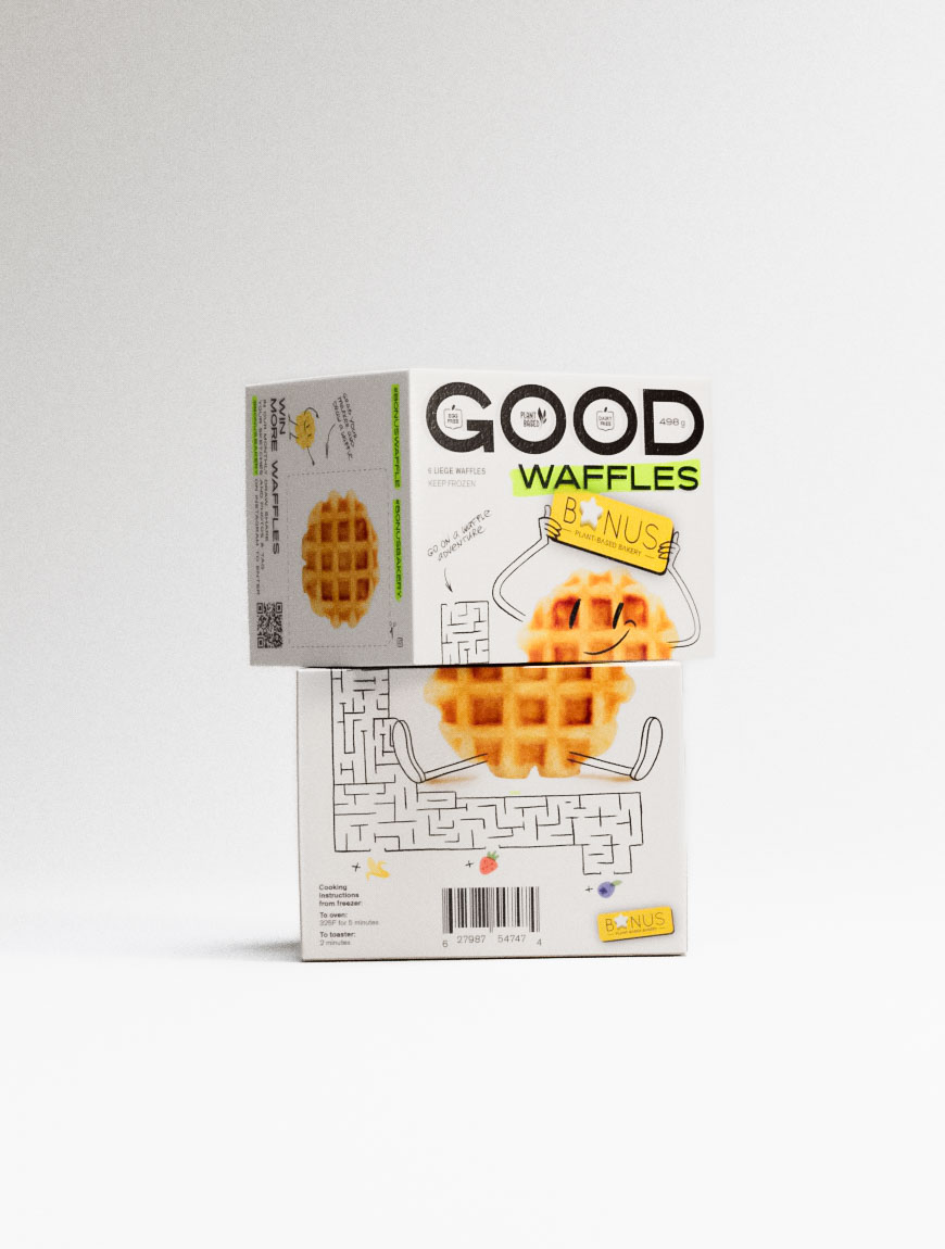 This image captures the waffle box in mid-rotation, giving the illusion of movement between product angles. The typography is bold and expressive, with large “GOOD” lettering, and supporting information such as cooking instructions and brand story. The design maintains cohesion across sides, using a visual maze that links different panels. The use of neon accents and offbeat linework demonstrates branding agency work that favors high-energy packaging design and cohesive storytelling across physical form.