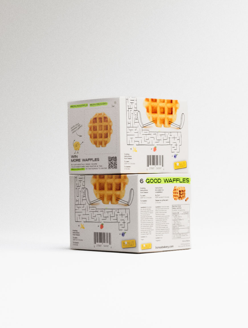A waffle box is displayed with its rear and side panels fully visible, showing comprehensive information architecture. The design includes cooking instructions, ingredients, a nutrition facts panel, barcode, and a photo of the waffle product. The bold green subheading “6 GOOD WAFFLES” introduces the section, supported by typographic clarity and well-organized label hierarchies. The visual language remains cohesive with the front-facing design but pivots toward utility, demonstrating how design agencies structure packaging for both shelf impact and regulatory clarity in food packaging design.