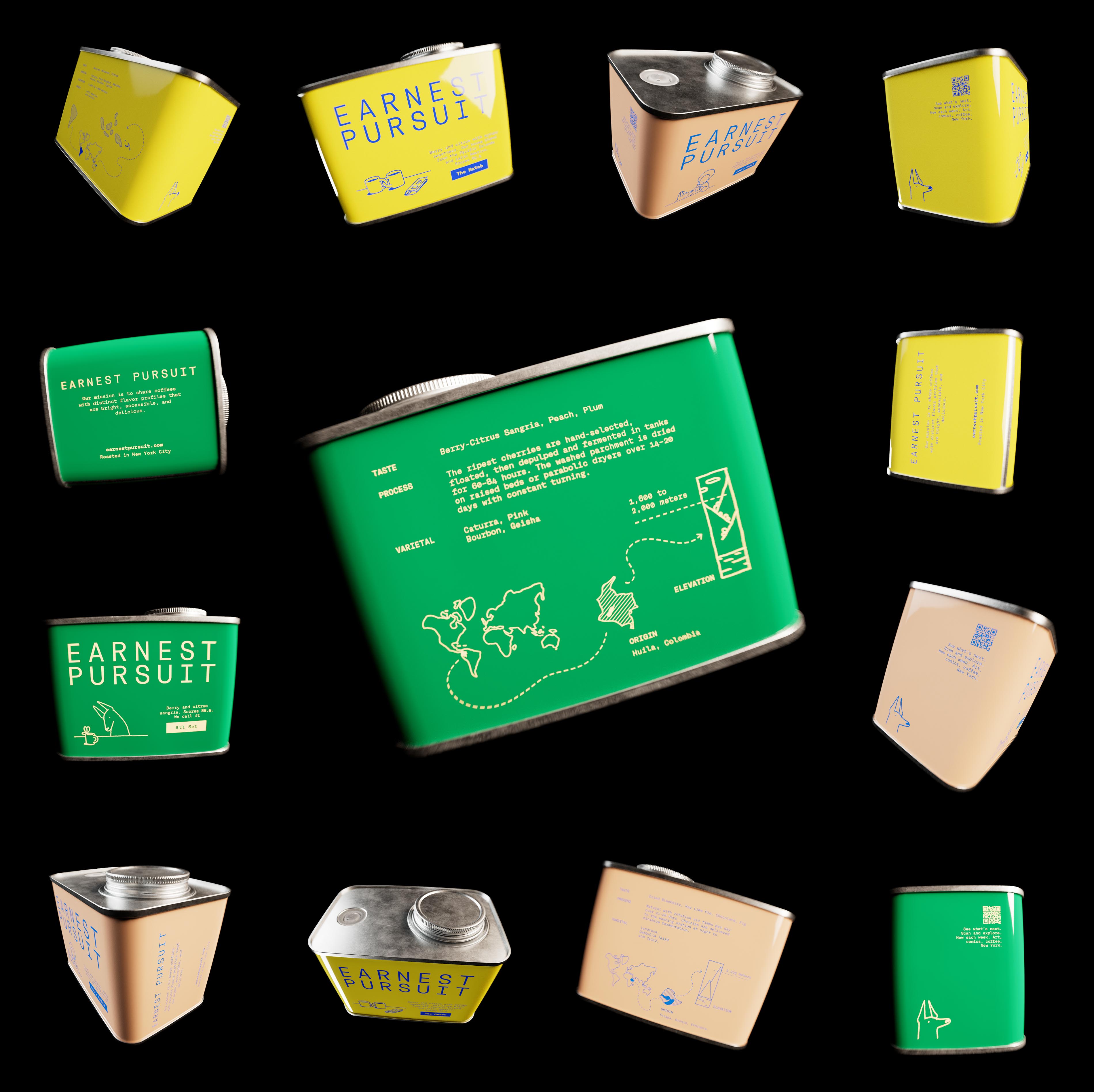 On black, a ring of Earnest Pursuit tins tumbles around one green tin turned to its back panel, where TASTE reads "Berry-Citrus Sangria, Peach, Plum", the process note describes cherries "hand-selected, floated, then depulped and fermented in tanks for 60-84 hours", and a dashed route crosses a world map to Colombia before climbing to "1,600 to 2,000 meters" beside "Huila, Colombia". The orbiting tins show fronts, spines, QR panels and bare lids, a product range arranged like a small solar system with better typography. Creative direction and specialty coffee packaging by AOFP Studio.