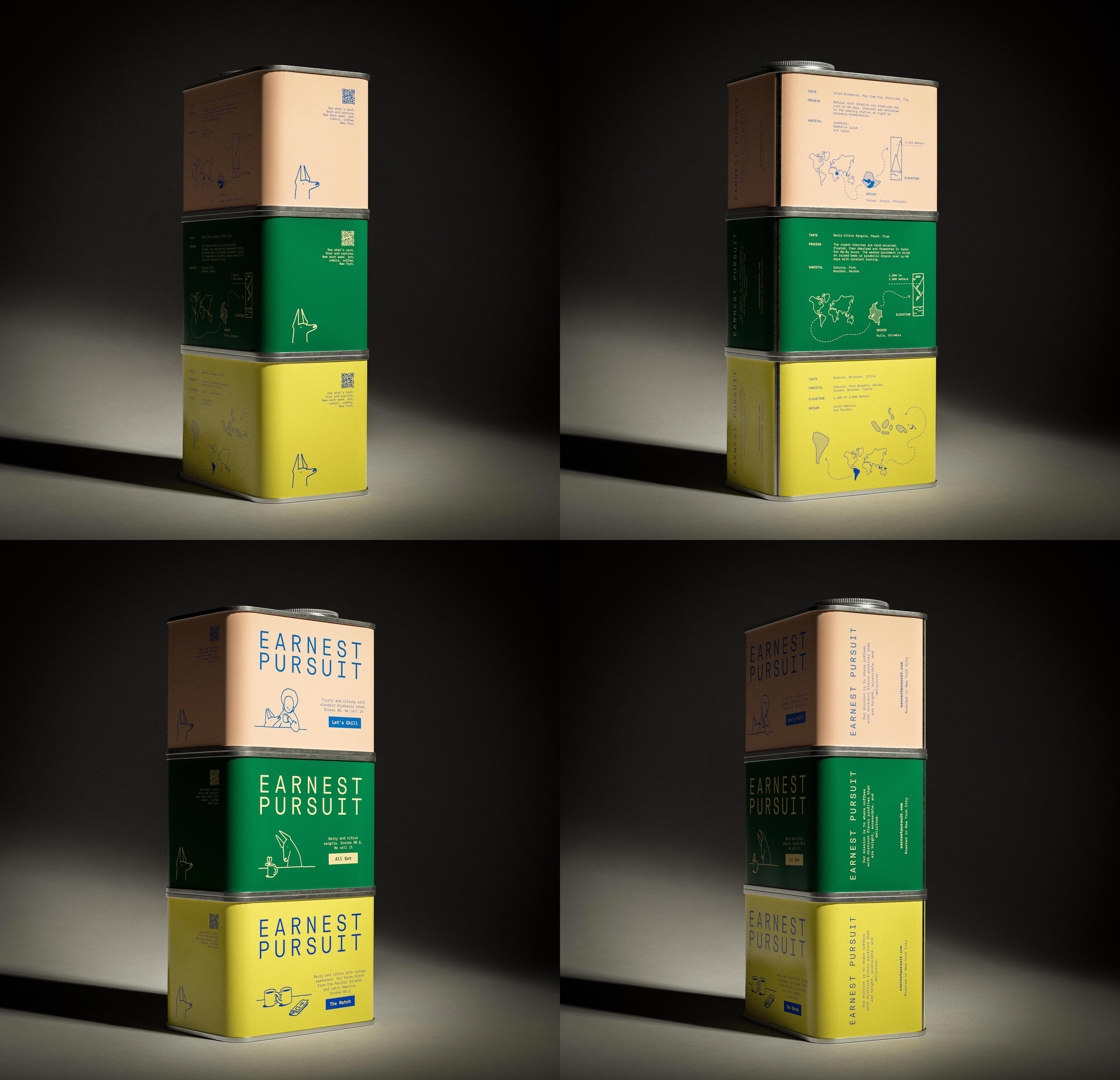 A four-panel study of one three-tin stack, peach, green and yellow, lit by a single hard spot from the side so each frame falls away into near-black. Turning the stack a quarter per frame walks around the whole label: the QR back with "See what's next. Scan and explore.", the data panel with maps and altitude graphics, the front with the stacked wordmark and character drawings, and the narrow spine set vertically. Holding identical light across four exposures is the real discipline here, the kind nobody notices until it goes missing. AOFP Studio photographed the set and designed the packaging for Earnest Pursuit.
