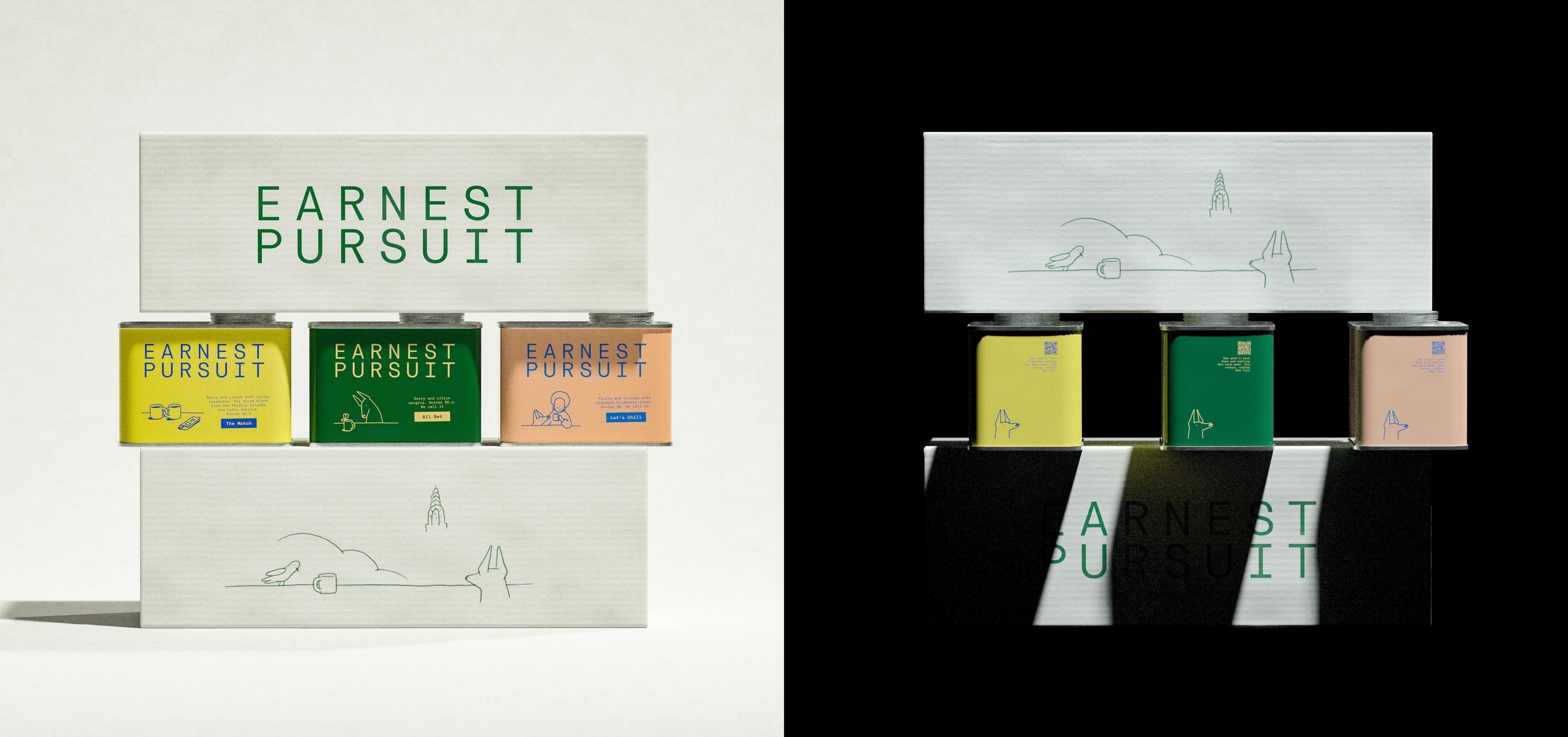 Two views of one Earnest Pursuit shipping box sit side by side. In daylight, the white ribbed box shows the green wordmark on its upper panel and a long line drawing below, a bird, a mug, cloud tops, a stepped Art Deco tower and a dog, with yellow, green and peach tins slotted into a cutaway band between them. In the dark view the box faces the other way, the tins turn their QR backs outward, and blades of shadow slice the lower wordmark into something close to a ransom note. The box structure and both photographs are AOFP Studio's work.