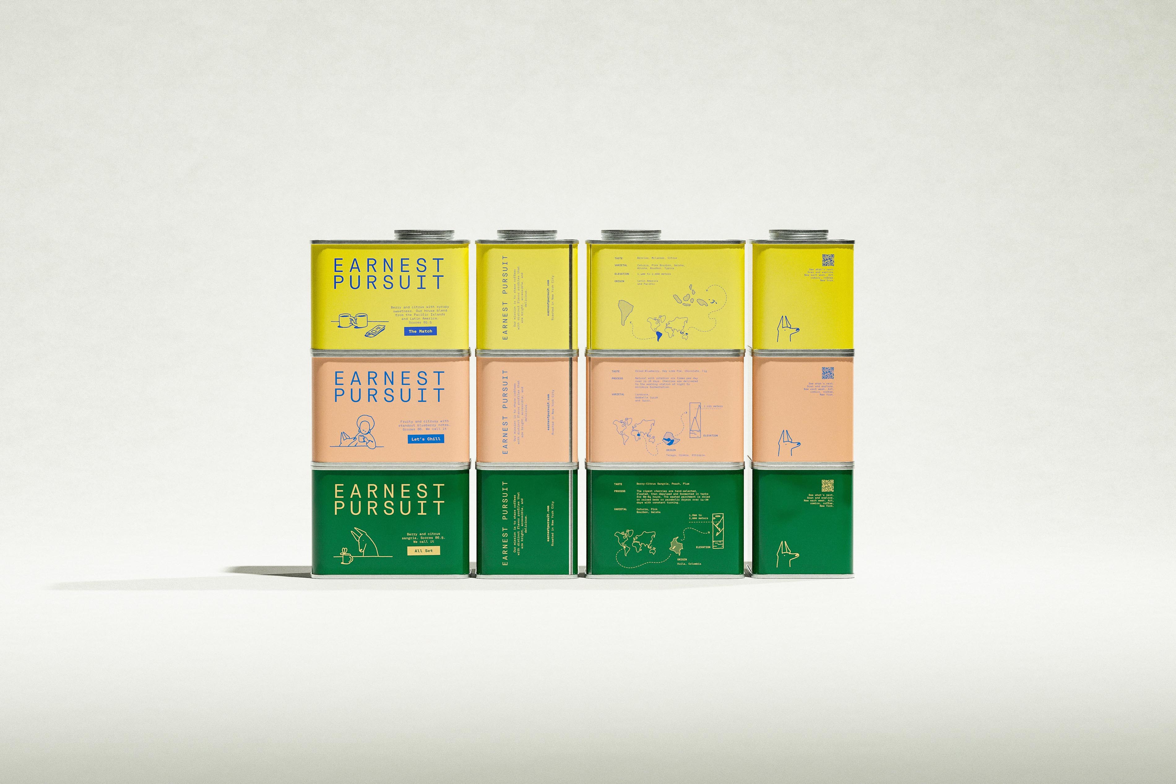 Twelve Earnest Pursuit tins in a four-by-three block on a pale backdrop read like a flat label unrolled and lined up for inspection: each column shows one face, front, spine, origin panel or QR back, and each row is one coffee in yellow, peach or green. Blue ink sits on the two lighter grounds and cream on the green, a two-color rule every tin in the frame obeys. The graphic design and CPG packaging come from Art of Packaging, organized with the patience of a librarian.