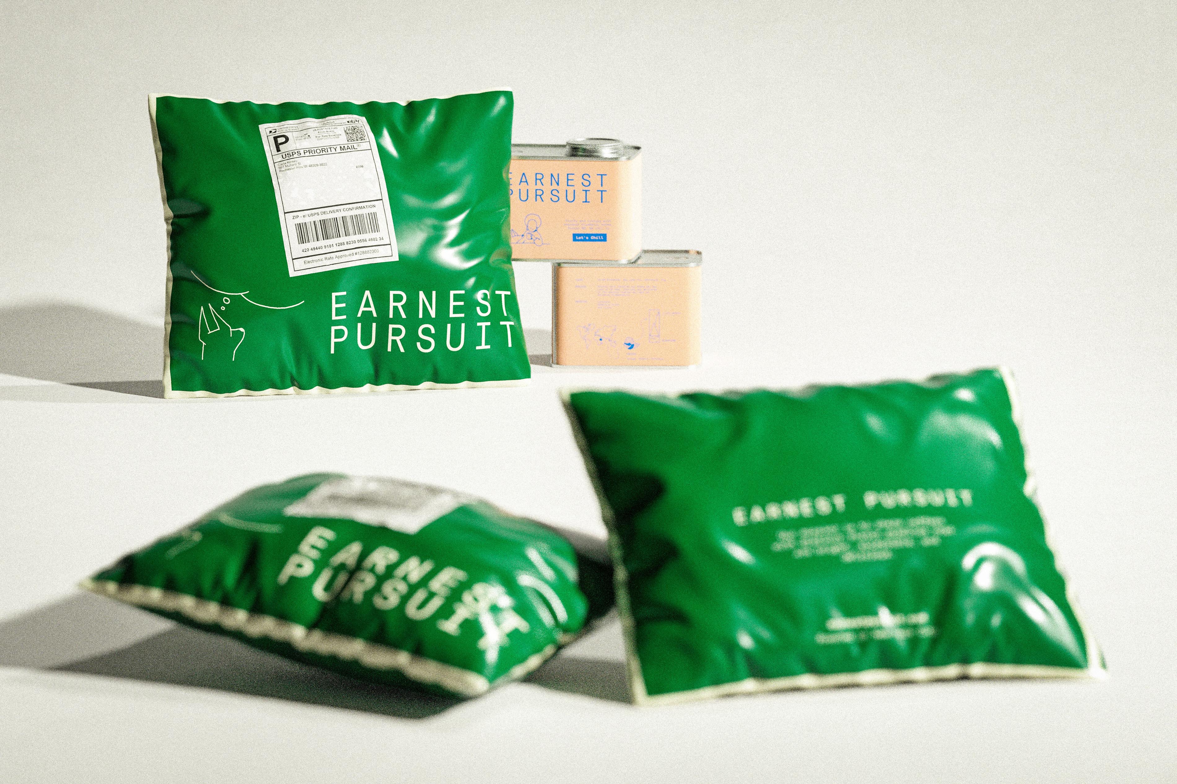Three puffy green mailers in high-gloss film, edged with cream piping, lie in front of two stacked peach Earnest Pursuit tins on a pale set. The upright mailer wears a shipping label marked USPS Priority Mail, and beneath it the brand's dog daydreams in a white thought bubble next to the wordmark; the other two show the wordmark at scale and a small block of text. Shallow focus blurs the foreground bags and keeps the tins sharp, which inverts the usual hierarchy and somehow works. The e-commerce packaging and the photograph come from a packaging and branding studio.