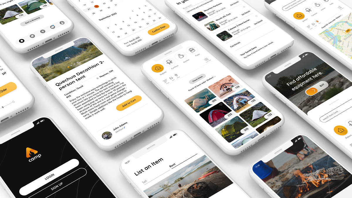Mockup of many iPhones with various CAMP screen displays
