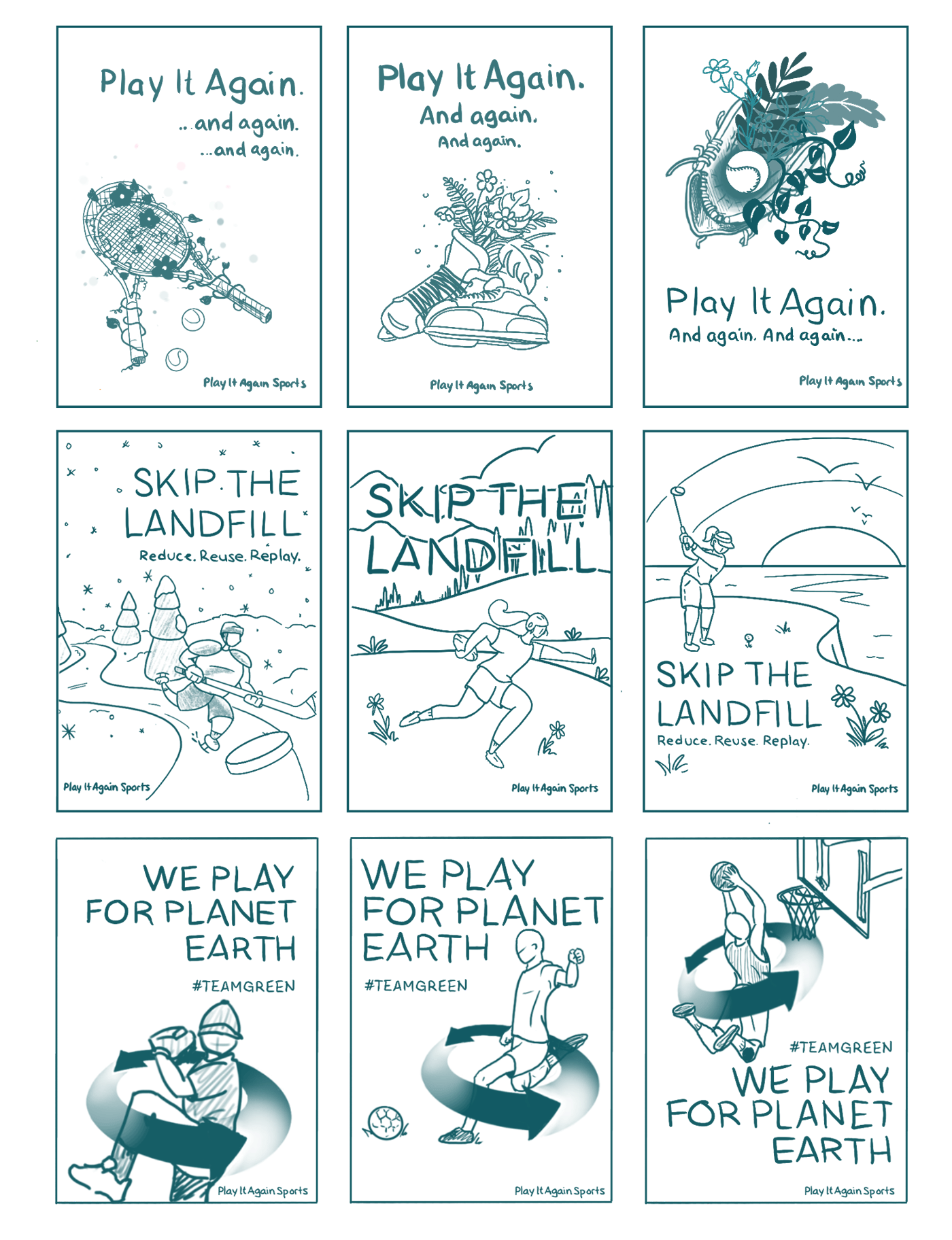 Sketches of the three concepts with three more ideas of each