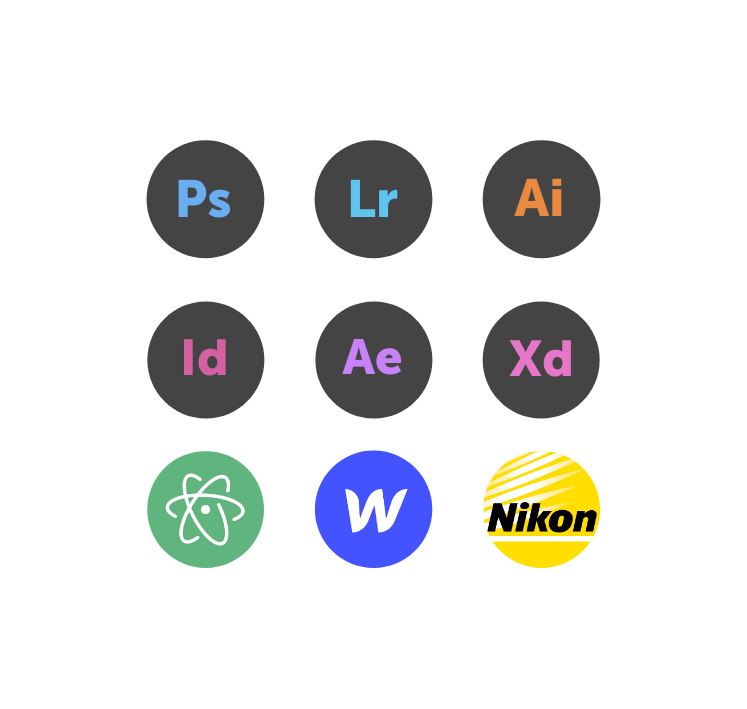 Various icons of Adobe and web programs