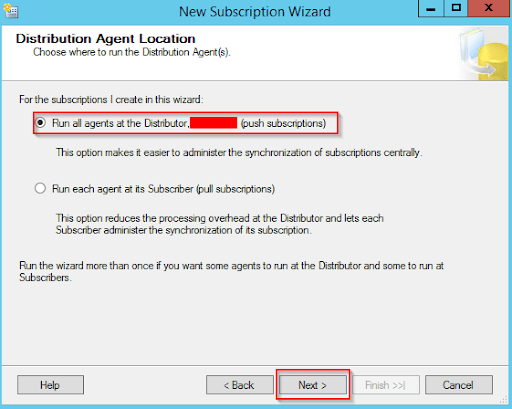 New Subscription Wizard - Distribution Agent Location