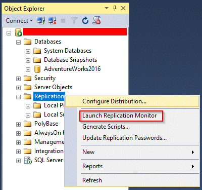 Object Explorer Launch Replication Monitor