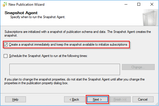 New Publication Wizard - Snapshot Agent