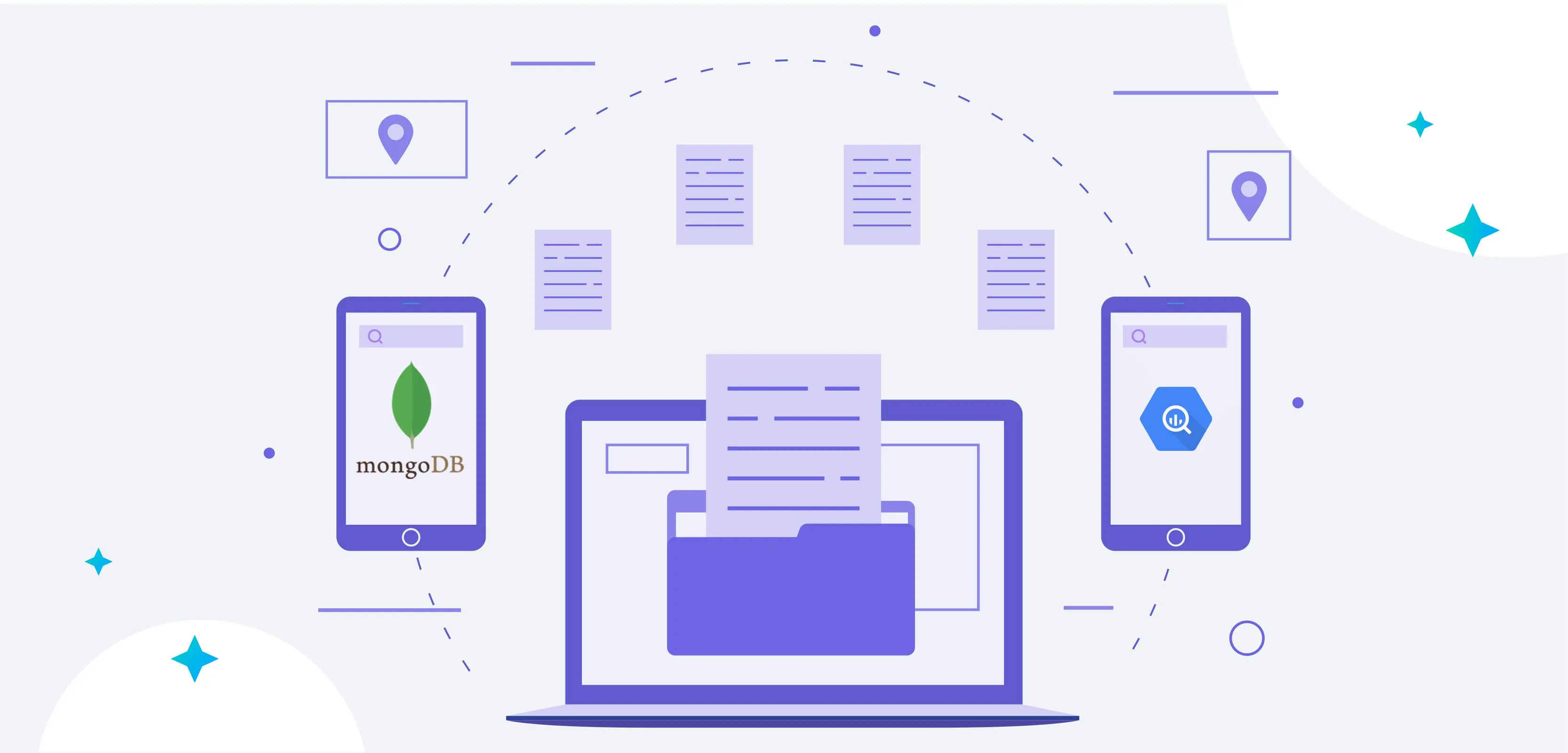 There is a Mobile Screen Display Showing MongoDB & Big query & Indicating Migrating Process