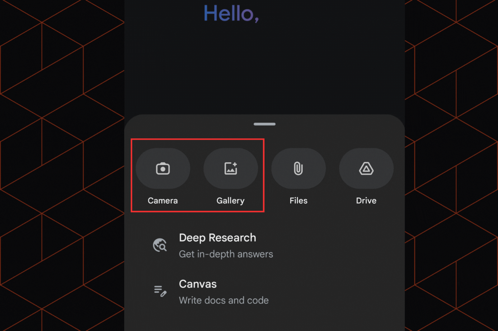 Upload images/files by tapping on (+) and selecting the desired one from your media. For advanced features like file analysis or full-screen sharing options, subscription to the Gemini Advanced plan is required