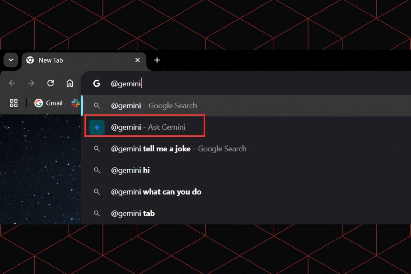 Type @gemini directly in the Chrome address bar